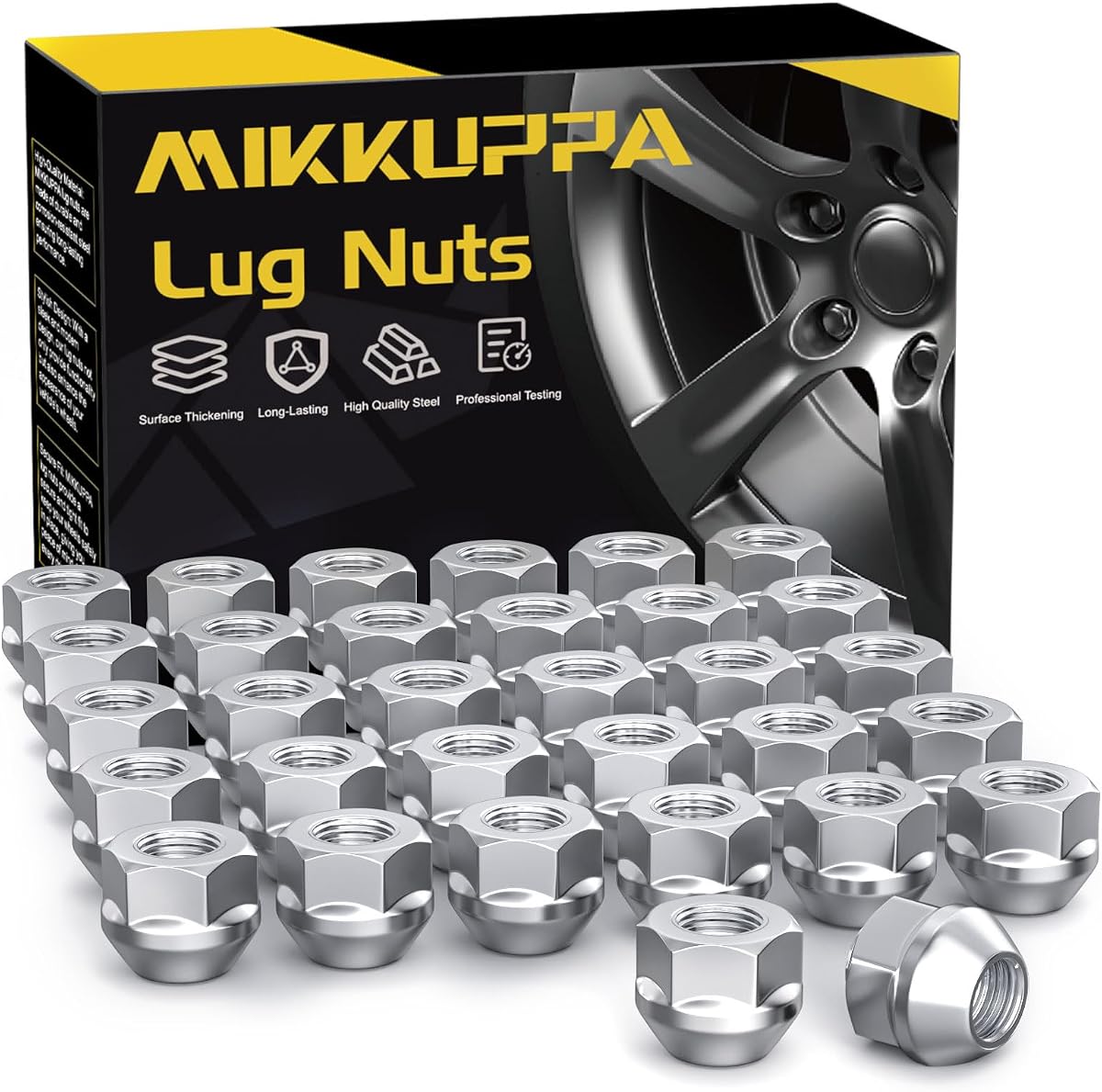 MIKKUPPA Tuercas de extremo abierto M14x1.5, cromadas 32 tuercas de rueda de asiento cónicas | Repuesto para juego de tuercas de neumáticos Chevy Silverado GMC Sierra Ram 2500 3500