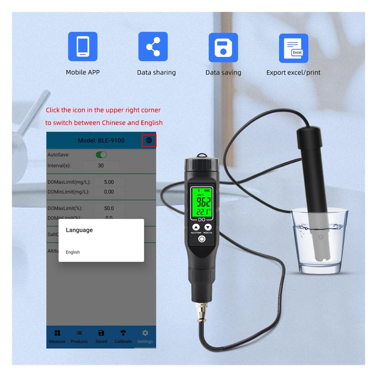 Bluetooth Cyfrowy Miernik Rozpuszczonego Tlenku Profesjonalny Analizator Rozpuszczonego Tlenku Tester Stężenia