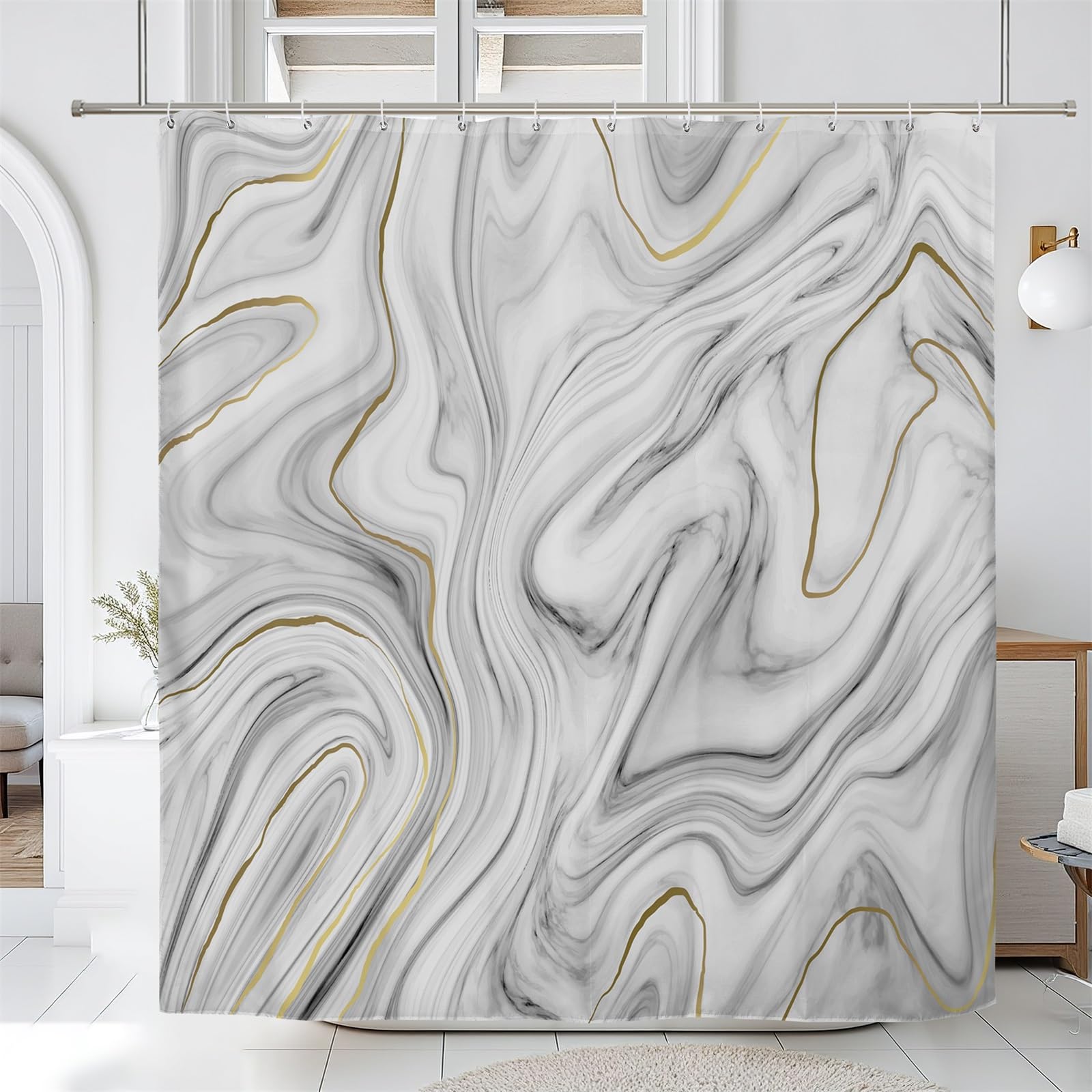 Ttincceer White Marble Shower Curtain, Luxury Watercolor Texture Mix Color Bathroom Curtain, Abstract Modern Ink Art Shower Curtain Set with 12 Hooks for Bathroom, White, 72" Wx72 L