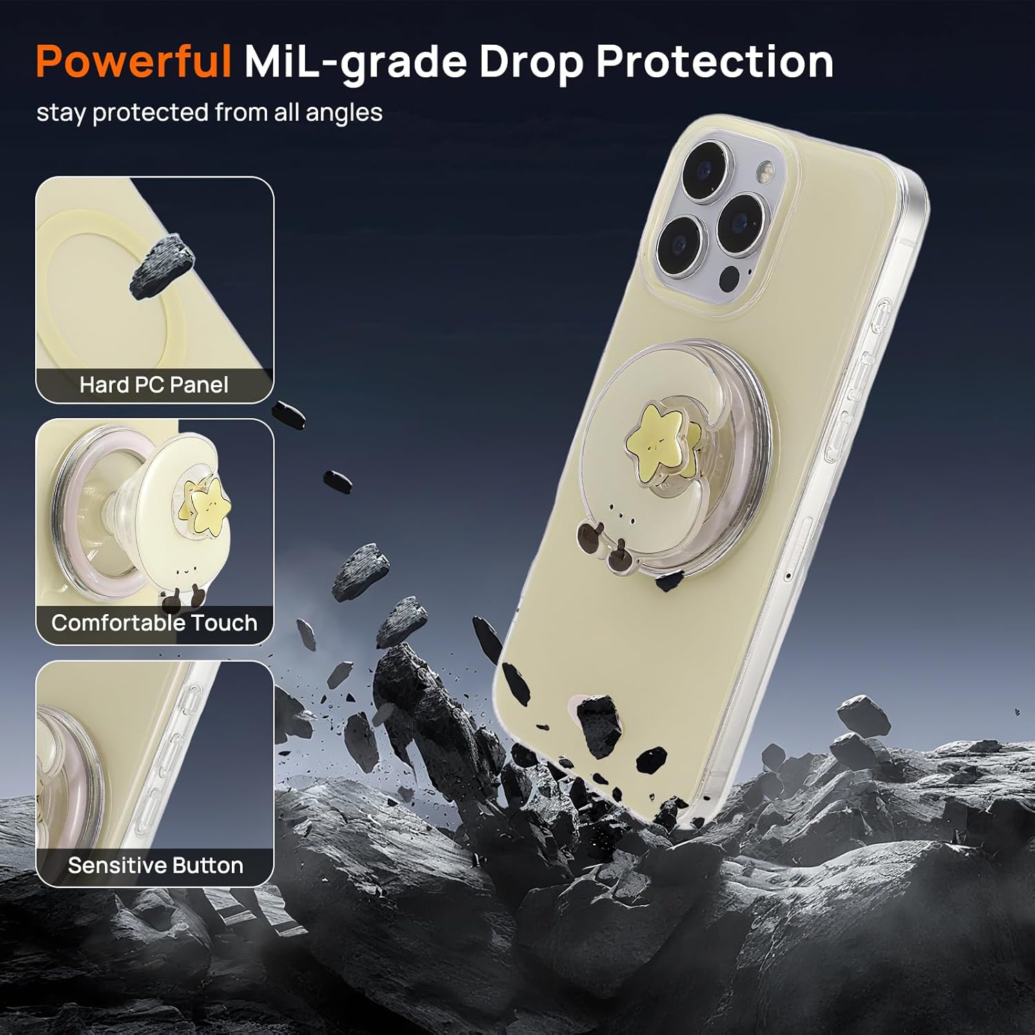 Cute Magnetic Phone Grip Compatible with Magsafe Case for iPhone 16 Pro Max, Swappable Secure Cartoon Moon & Rotatable Star Grip for Magnetic Phone Cases 6.9 Inch, Hands-Free Kickstand