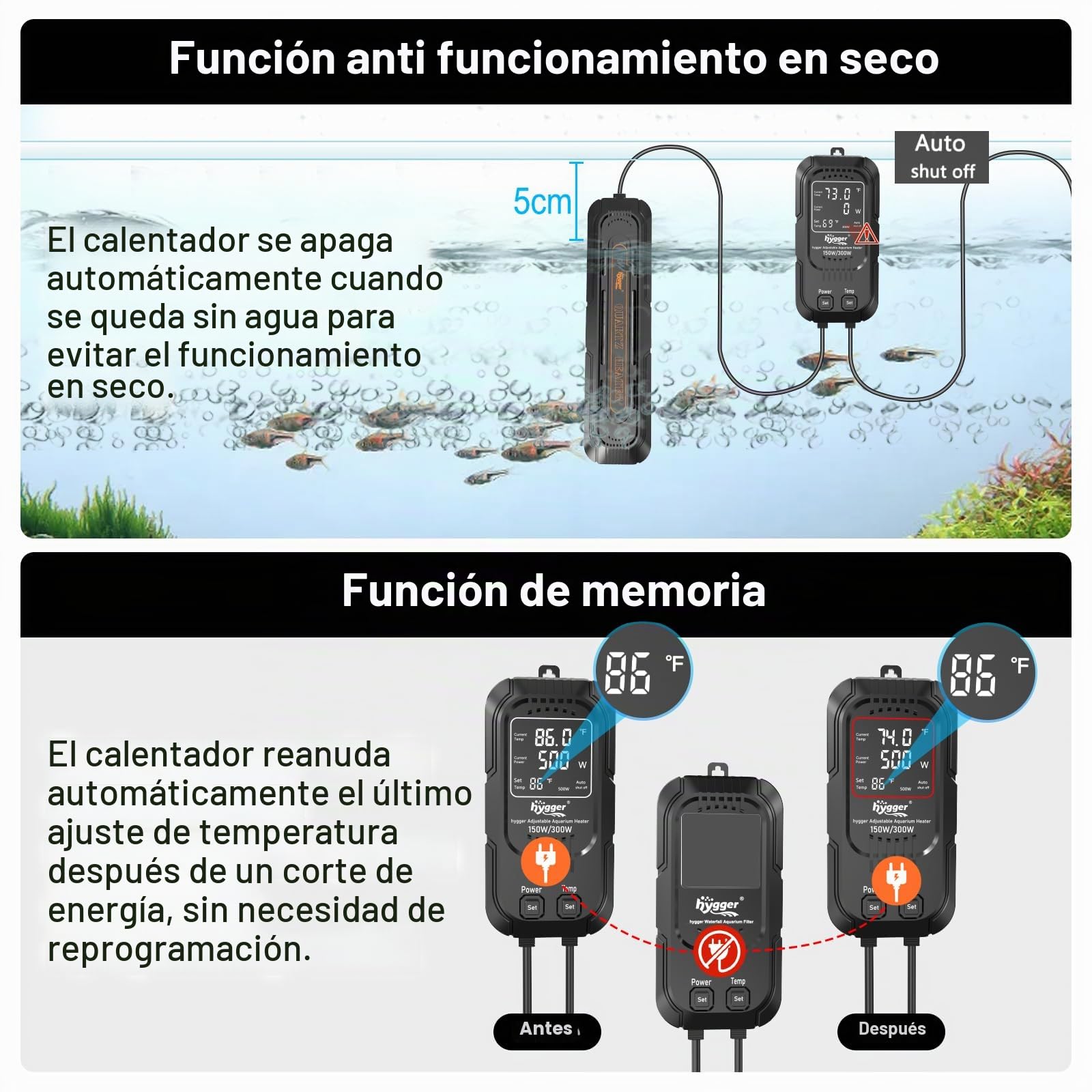 Hygger Calentador Acuario para Pecera Potencia Regulable 600W/1200W,Calefacción para Acuario Sumergible Calentador con Controlador Digital de Agua Dulce y Aalada de 500-900 litros