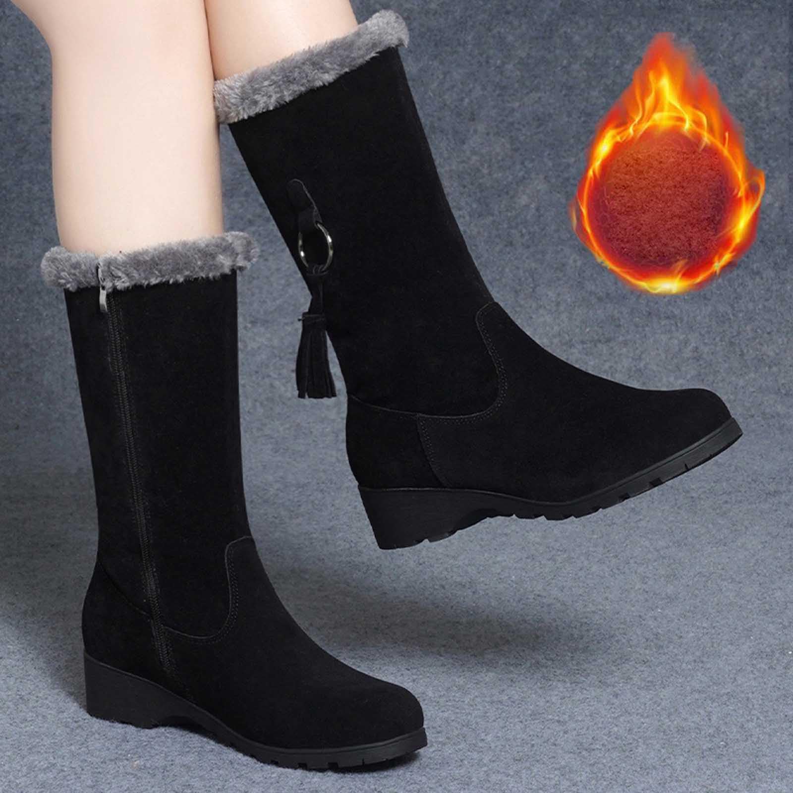 Bottes de Neige Femme Fourrées Mi-Mollet à Petit Talon Bottes Femme Hiver Chaudes en Daim Botte de Neige Confort avec Fermeture Éclair Latérale Snow Boots Chaussure Imperméable Chaussures de Randonnée