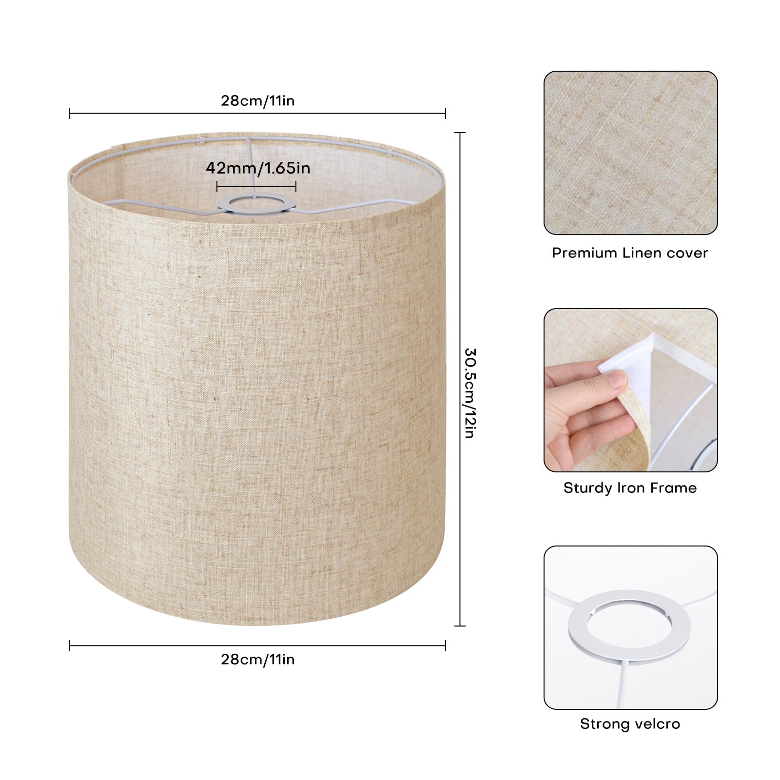 Pantalla de tambor alta de lino beige, parte superior de 11 pulgadas x 11 pulgadas inferior x 12 pulgadas de alto, pantalla de repuesto para lámparas de mesa y de pie, lámpara colgante, pantalla hecha
