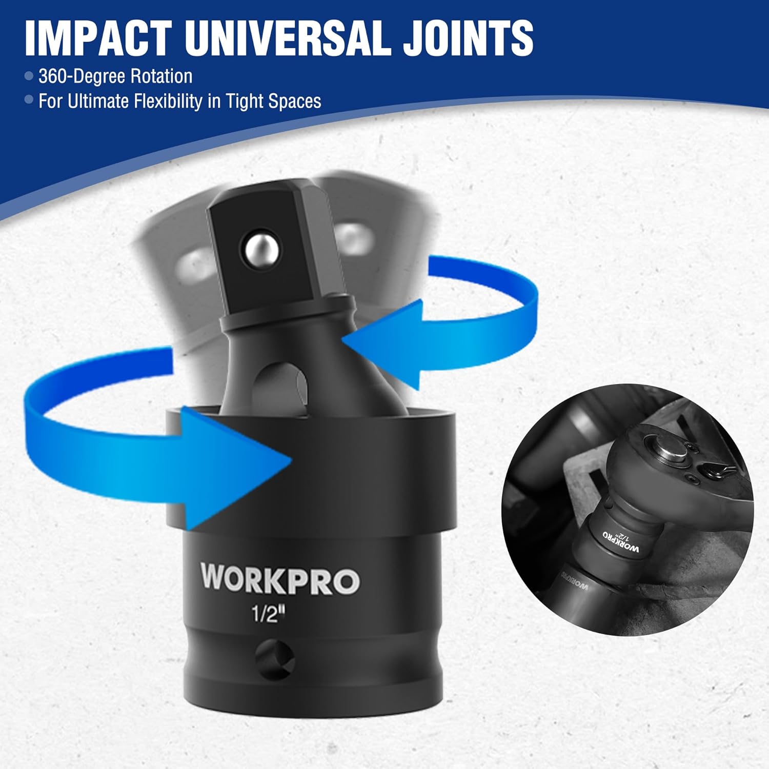 WORKPRO 1/2” Drive Impact Socket Set, 65PCS SAE(3/8”-1-1/4”) and Metric(10-24mm) Deep & Shallow Kit, Ratchet Handle, Extension Bar, Impact Universal Joint and Adapters for Automotive Repair