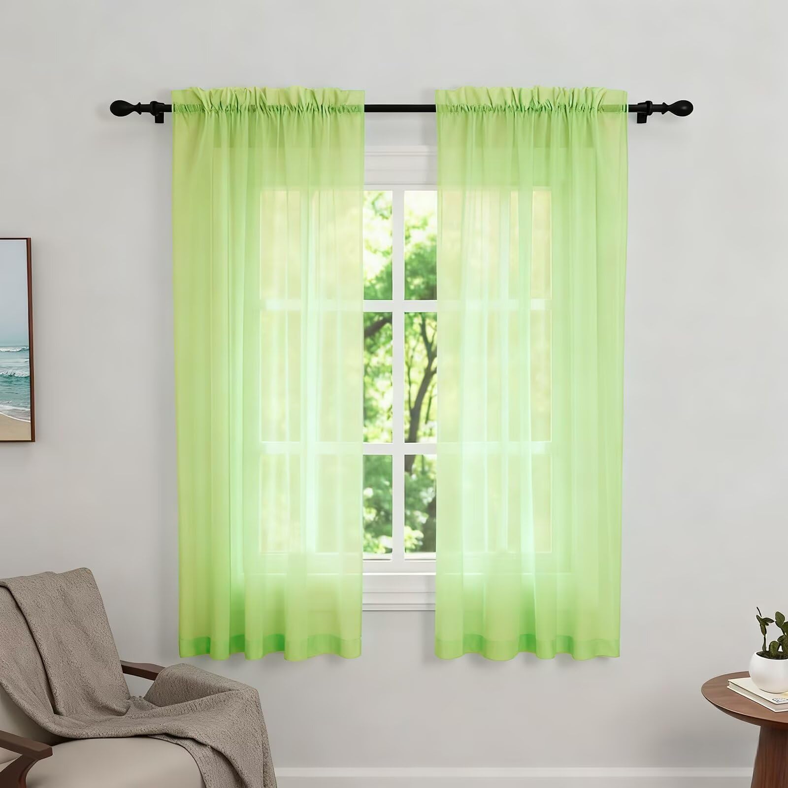 Zdada Net Curtains for Windows 45 Drop, Green Slot Top Voile Curtains, Semi Transparent Sheer Curtain Net Curtain Panel for Living Room Kitcken W60xL45 Inch,2 Panels — image 1