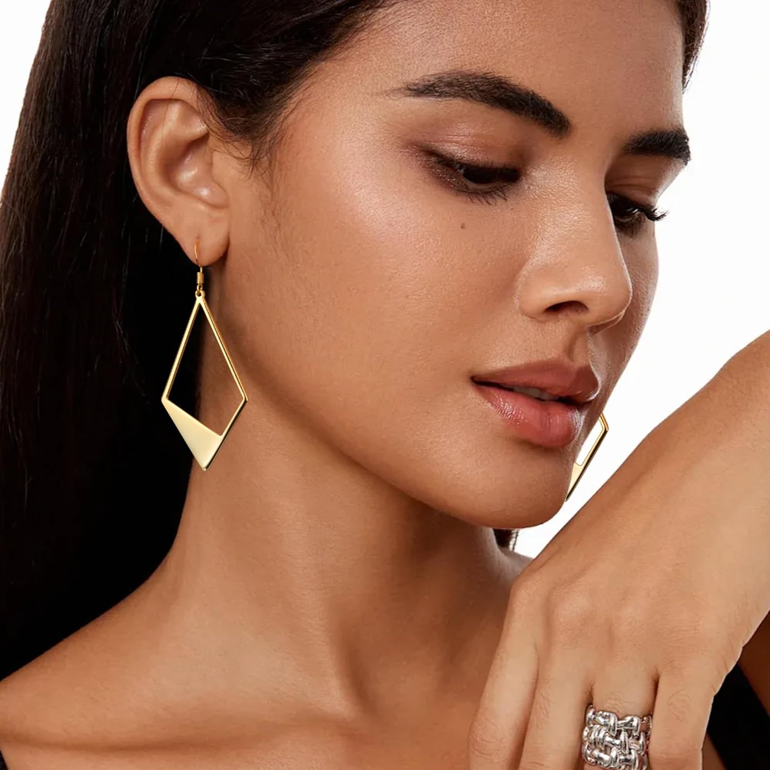 Sterling Silver Dangle Earrings for Women 14K Gold Plated Lightweight Statement Rhombus Drop Earrings Hypoallergenic Leverback Hook Earing for Women Trendy - Image 6