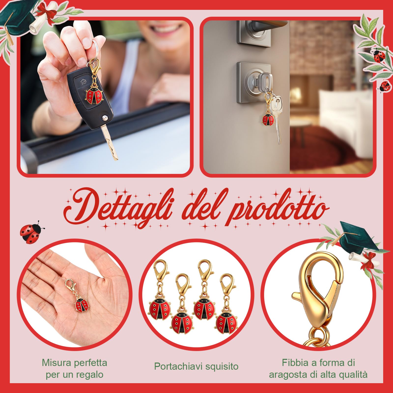 BBTO Bomboniere Laurea 30 Sets di Regalo Laurea Include Portachiavi Coccinella Portafortuna Scatoline Portaconfetti Nastro Rosso e Nastro Nero Bigliettini Bomboniere Fai-da-Te