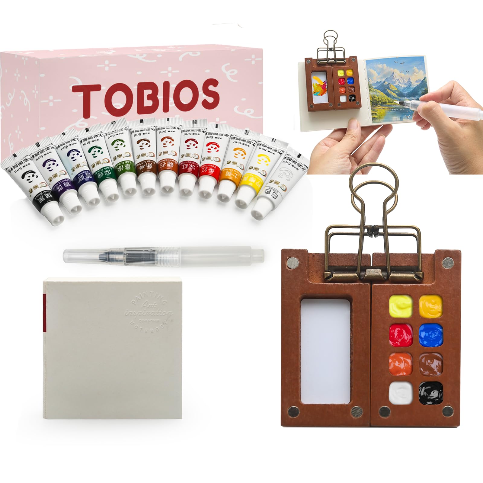 Tobios Mini Watercolour Kit Including a Waterbrush, a 116-Page Sketchbook, and a Storage Case—12 Vibrant, Highly Pigmented Colors with High Transparency for Easy Layering; a Portable Art Set (276g)