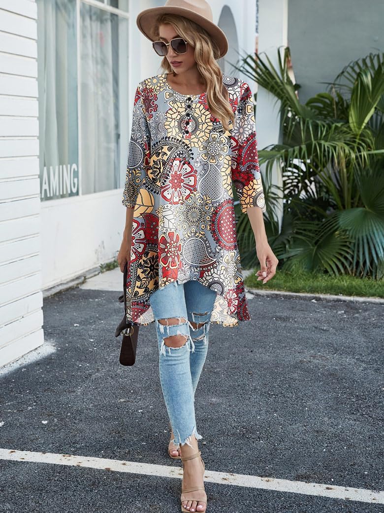 Naggoo Women's 3/4 Sleeve Button V Neck High Low Loose Fit Casual Long Tunic Tops Tee Shirts M Paisley Grey - Image 2