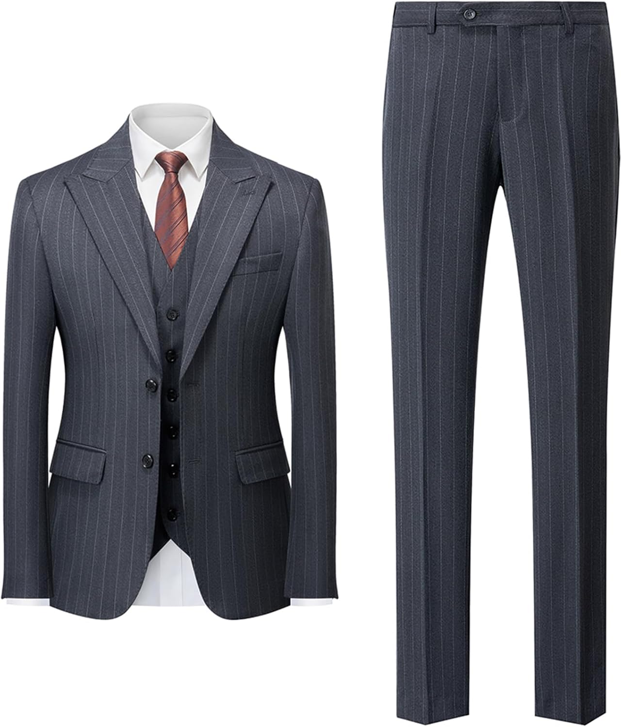 Mgnaie Mens Pin Stripe Suit 3 Piece Classic Business Suits for Wedding Prom Tuxedo Jacket Vest Pants Two Button