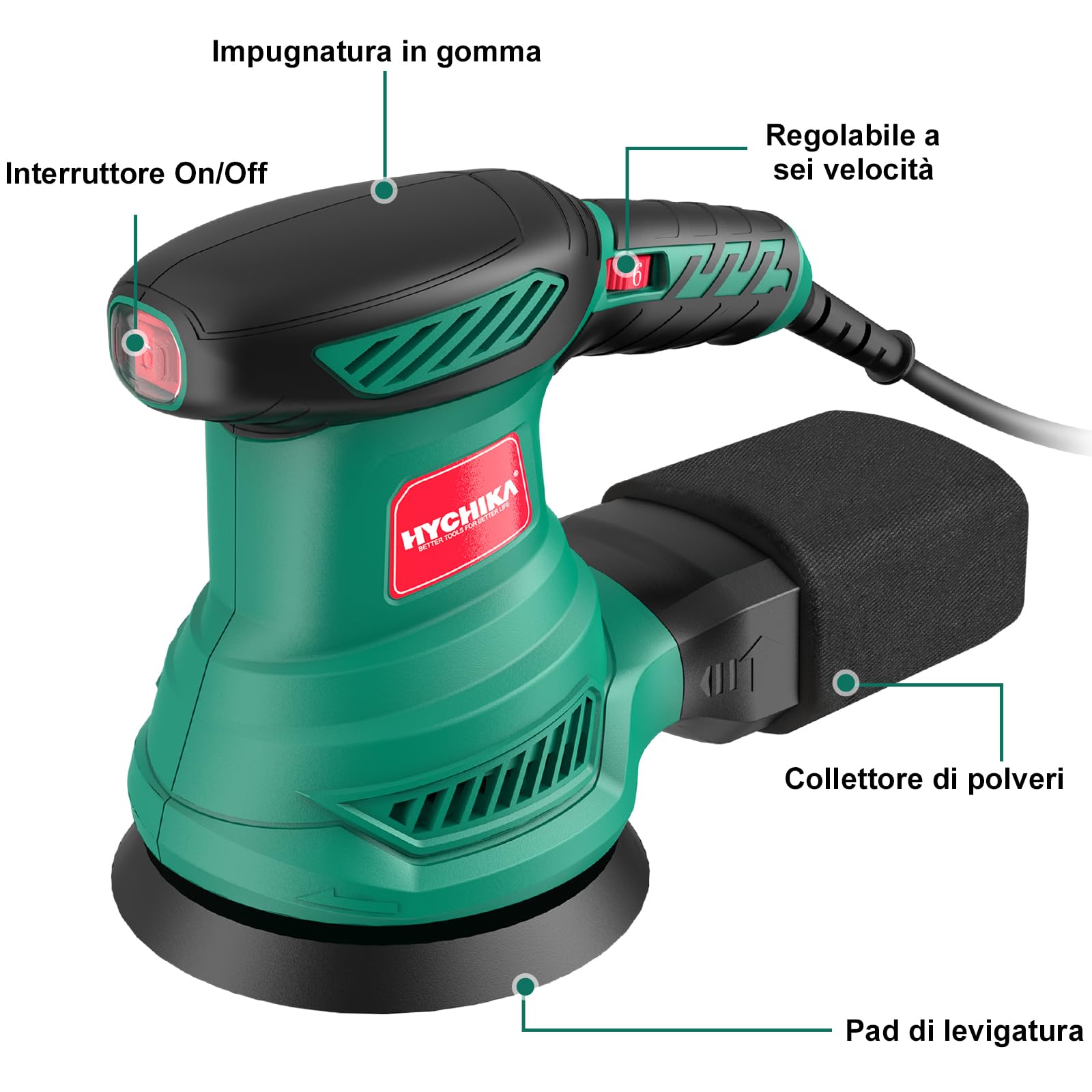 HYCHIKA Levigatrice Orbitale 300W, 6 Velocità Regolabili, 13000 RPM, 12PCS Dischi Abrasivi 125mm (80, 120, 240 Grani), Levigatrice Elettrica, con Scatola di Raccolta della Polvere
