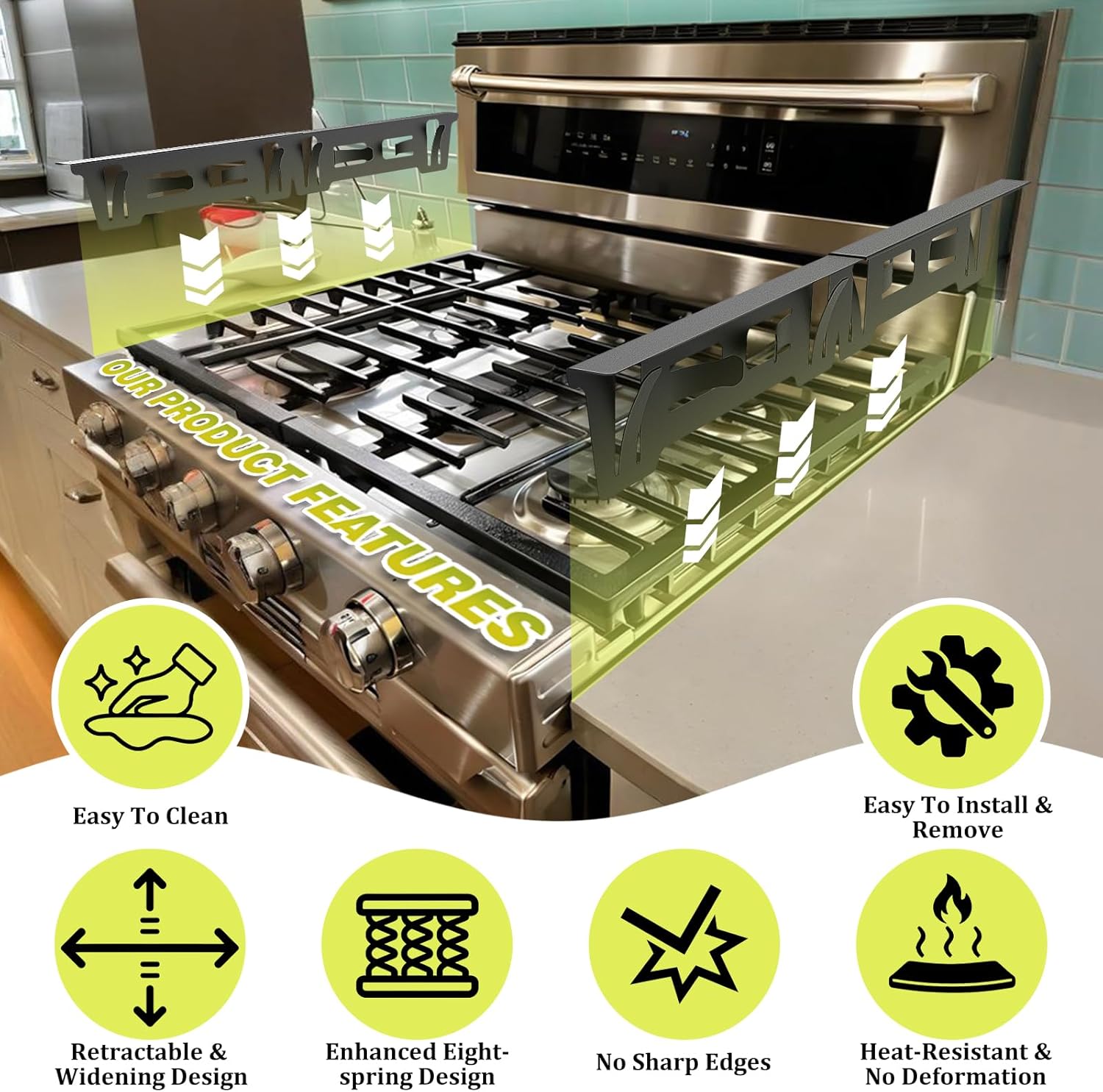 Stove Gap Covers Stainless Steel, Stove Gap Filler Range Trim Kit, Oven Gap Filler for Stove and Counter, Heat-Resistant Stove Gap Guards, Easy Retractable Length 13.8" to 27.6", Width 1", Black(2PCS)