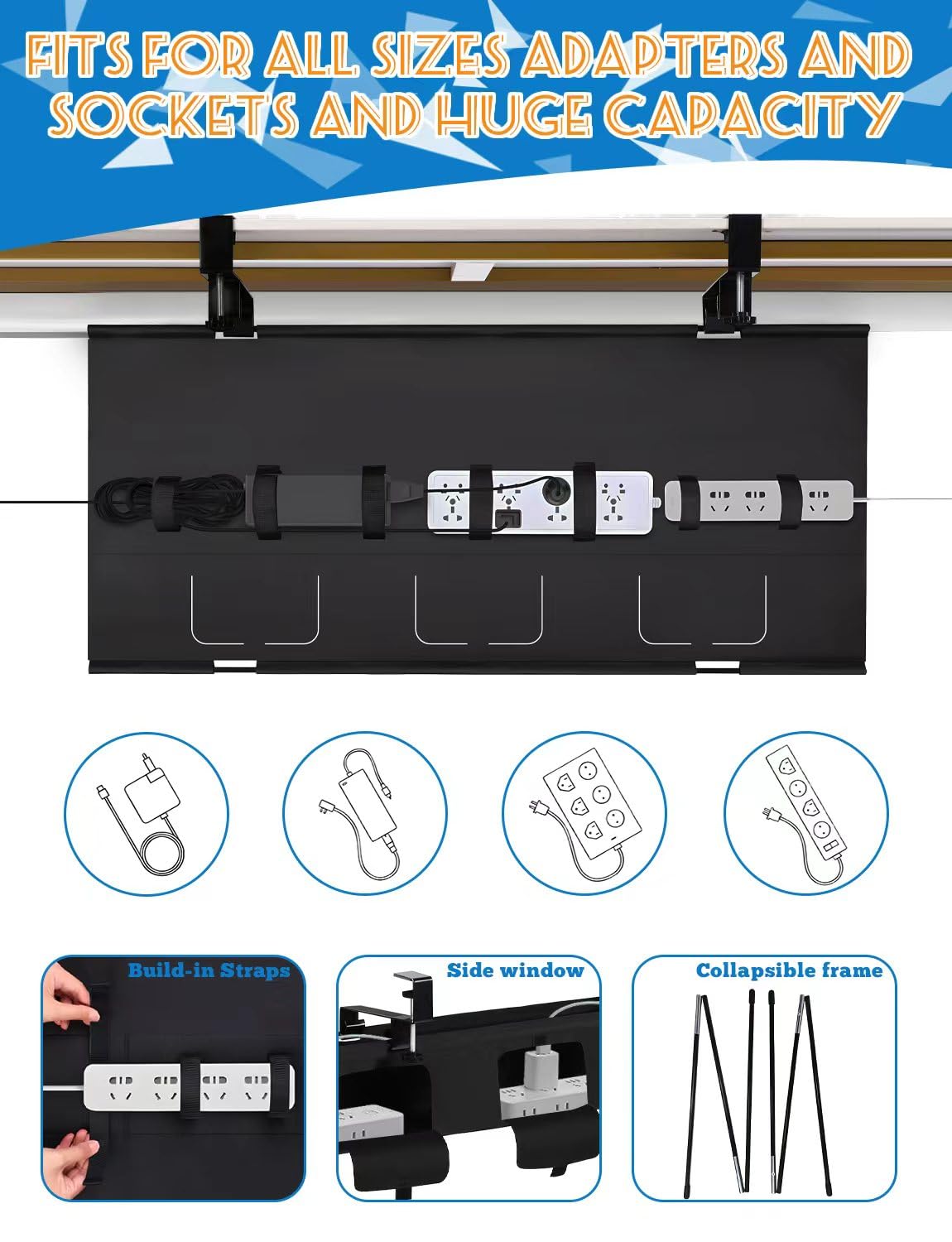 Bandeja de gestión de cables para debajo del escritorio sin taladrar, organizador de cables debajo del escritorio, organizador de cables de montaje con abrazadera/tornillo, ocultador de cables