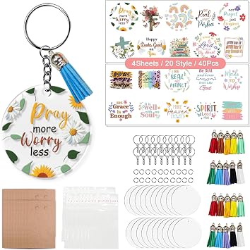 140 PCS Acrylic Keychain Blank Set, 20 Style Double-Sided | Inspirational UV DTF Stickers Discs Tassels Jump Rings, DIY Keychain Making Kit for Vinyl Craft Employee Appreciation Gift