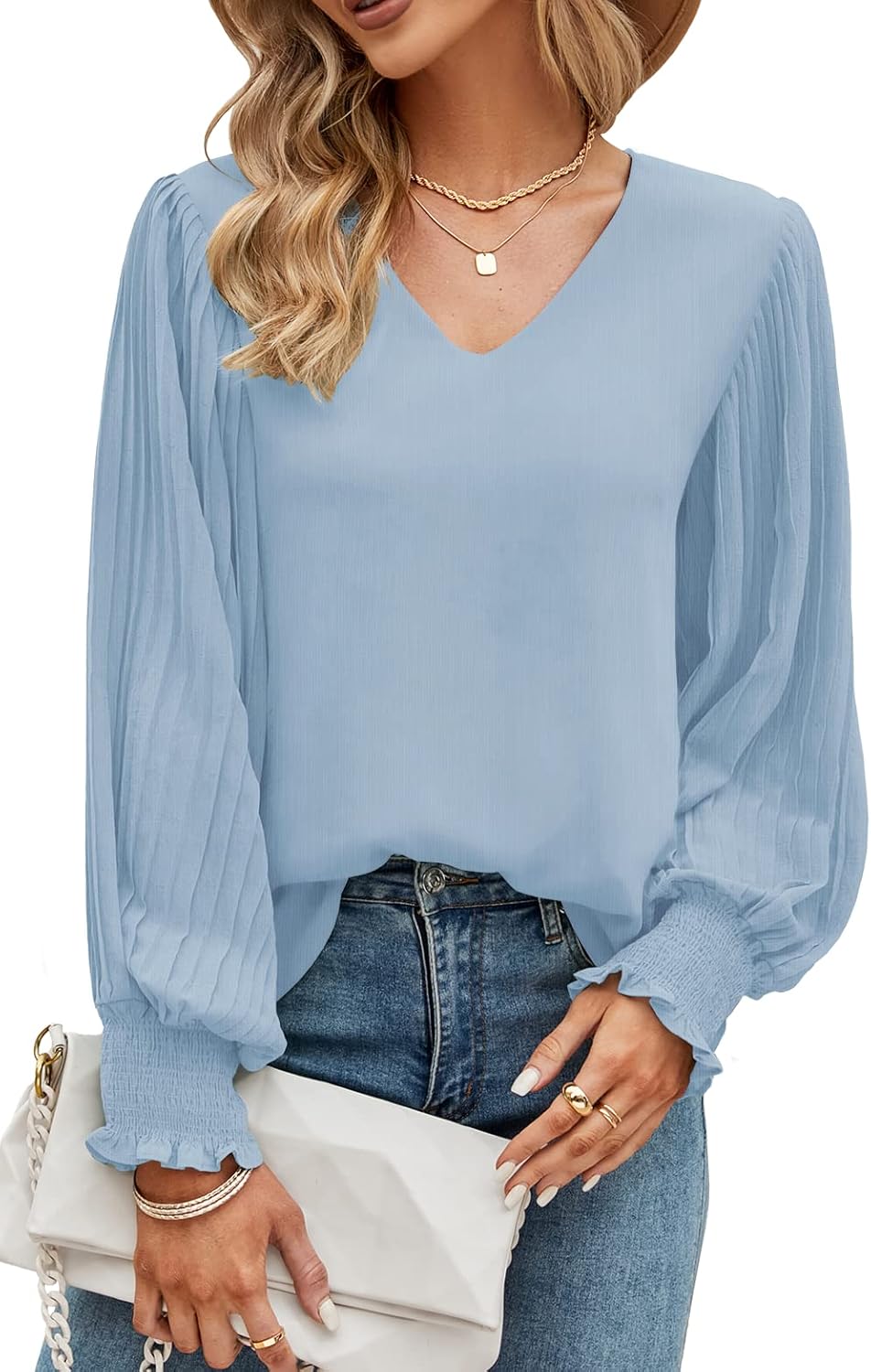 Odosalii Womens Tops Pleated Lantern Sleeve V-Neck Shirts Elegant Solid Color Loose Fit Casual Chiffon Blouse