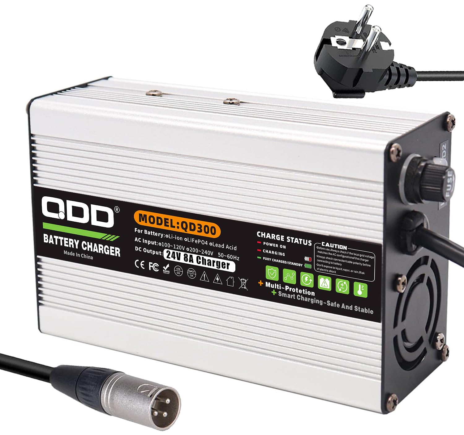 QDD Cargador de 24V 8 A Cargador de 27.6V de plomo-ácido para batería AGM-Gel-VRLA-OPZV de 24 V con conector XLR 1+2 de 3 polos