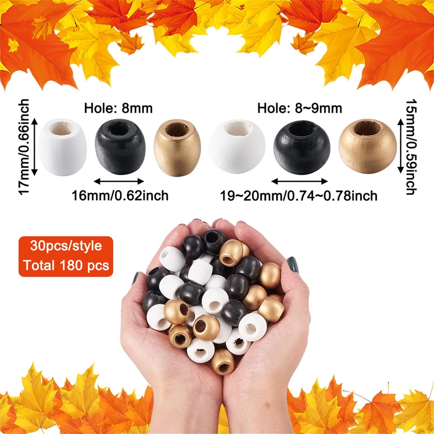 Craftdady 180pcs Large Hole Rondelle Round Barrel Wood Beads Spray Painted Natural Wooden Dreadlocks Hair Braid Beads for Macrame Bracelet Jewelry Craft Making Hole: 8-9mm