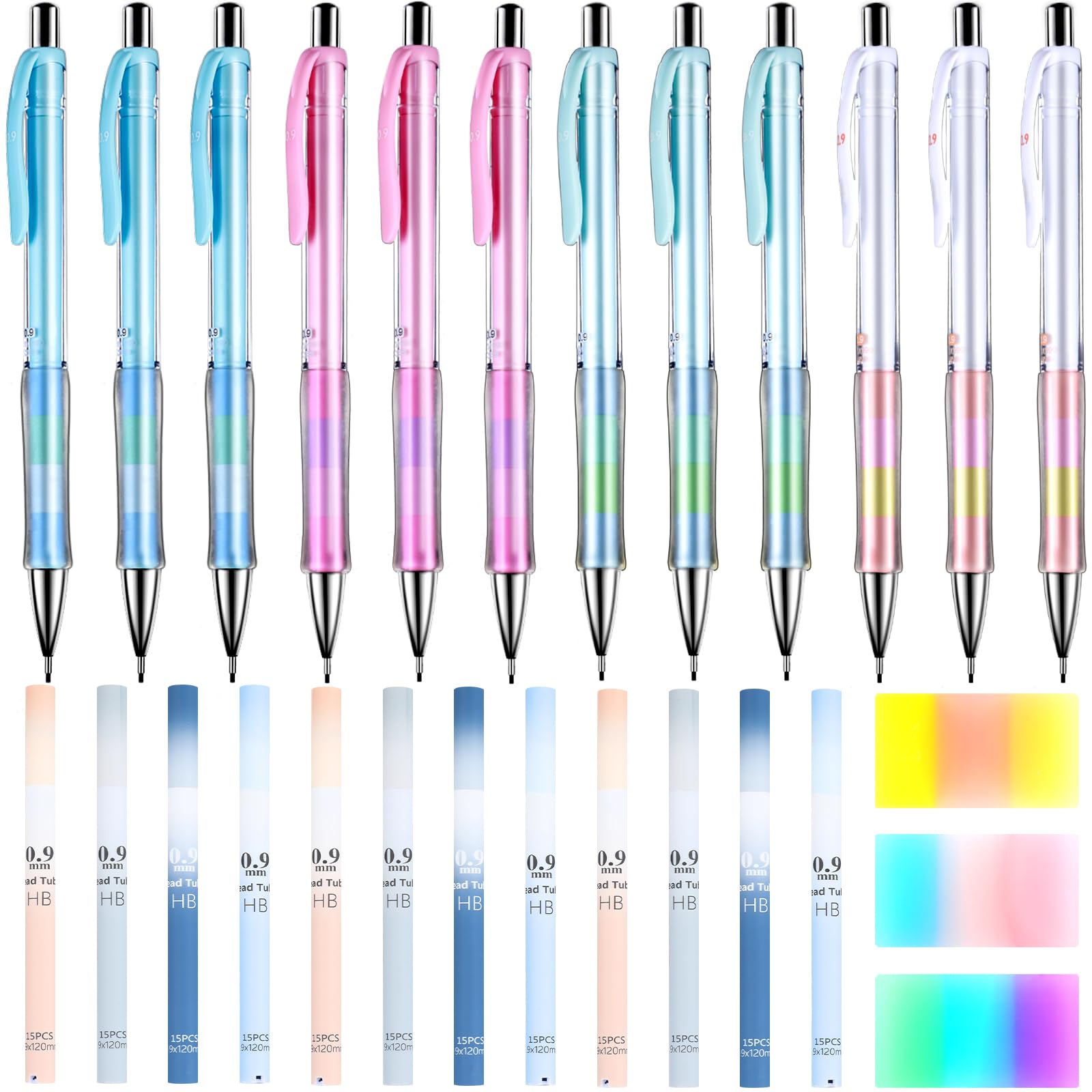 Boao 23 Pieces Pastel Mechanical Pencil Set, 12 Pcs 0.9 mm Cute Aesthetic Mechanical Pencils, 8 Tubes 120 Pcs Pencil Lead Refills 0.9 mm 3 Erasers for