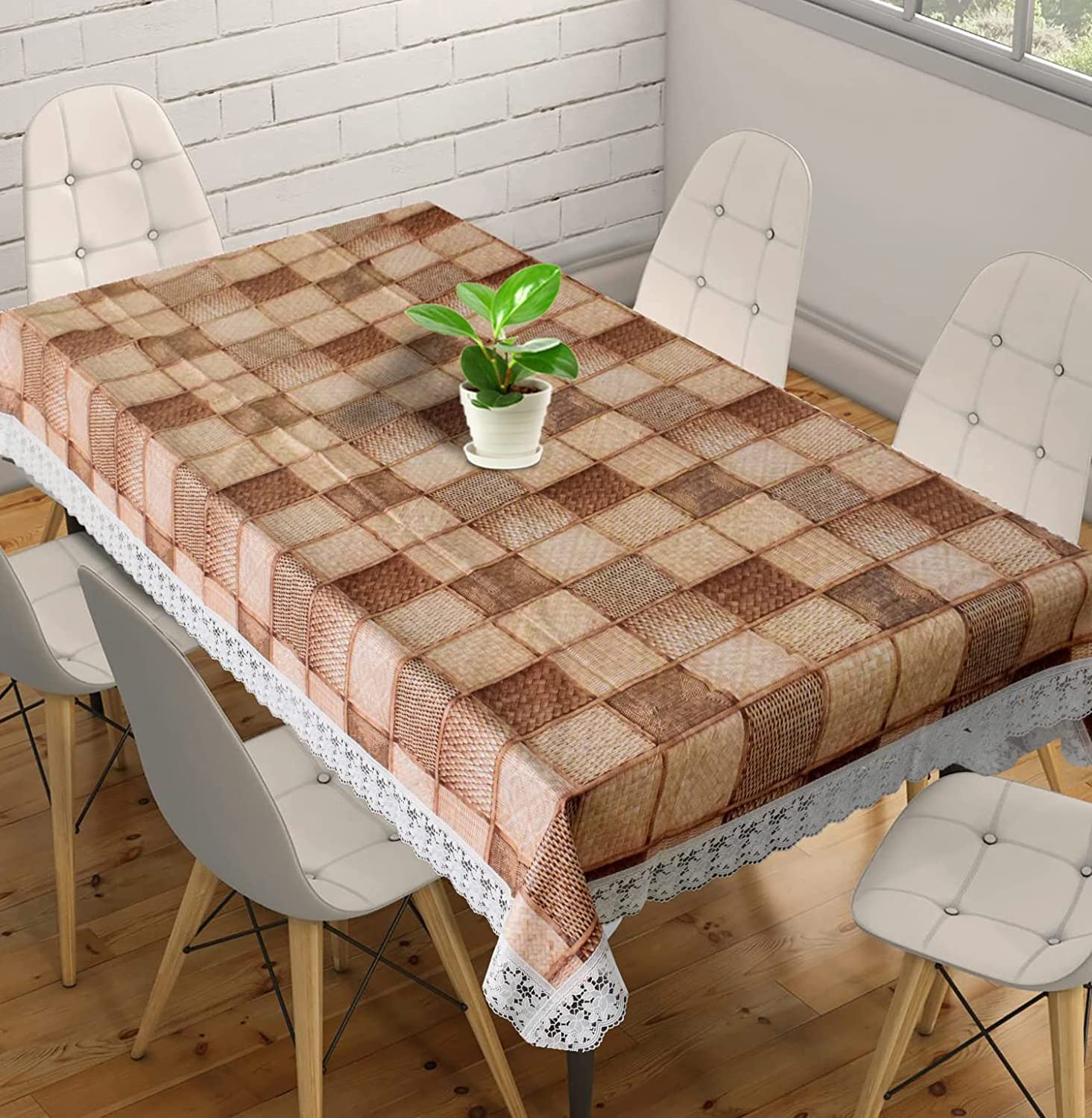 Kuber Industries Checks Print Dining Table Cover 6 Seater|Table Cloth for Dining, Party, Events|Waterproof Table Protector|Indoor and Outdoor Use 90x60 (Brown)-image-1