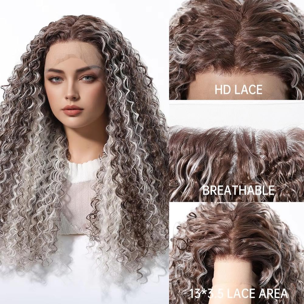 Haarpflege Blonde Tiefgelockte Haarperücke 13 X 3,5 HD Spitzenfront Vorgezupft Leimlose Perücken Für Frauen(Silver)