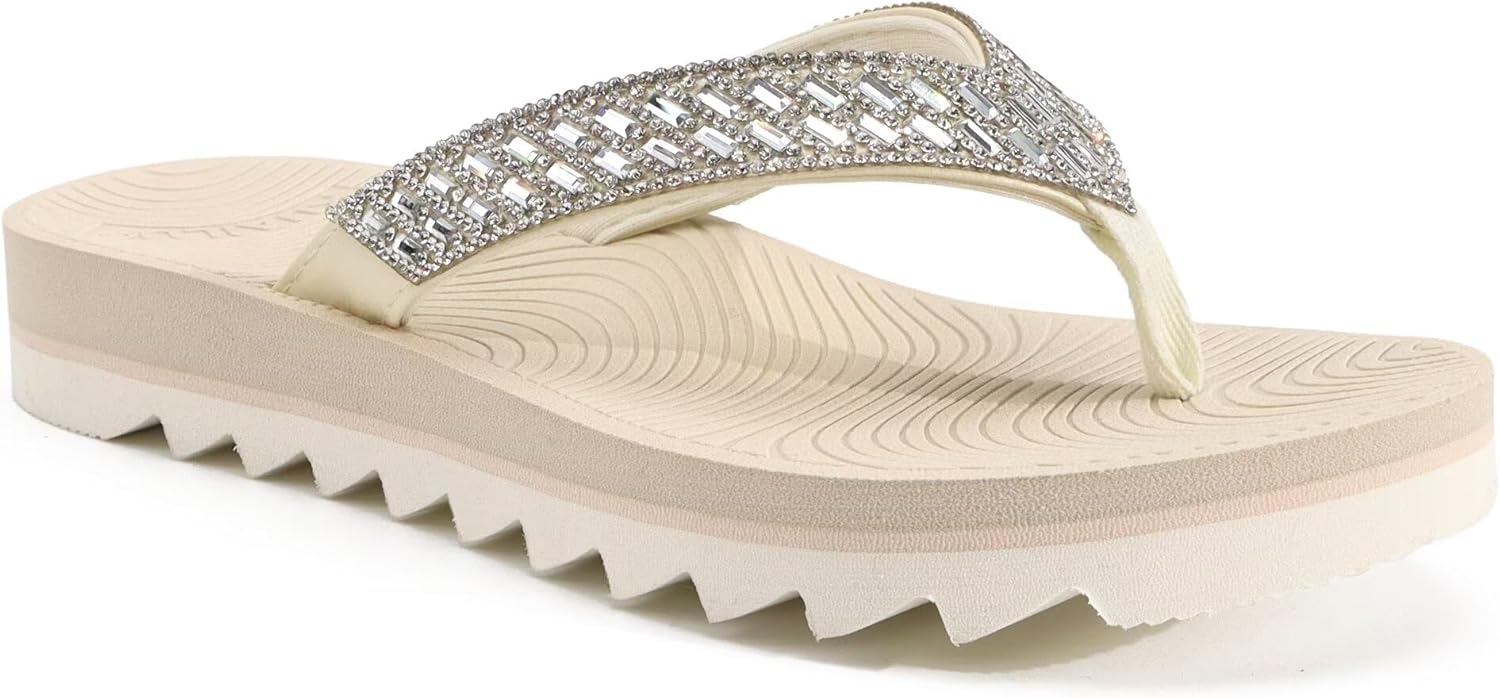 KuaiLu Womens Orthotic Flip Flops with Arch Support Yoga Mat Cushion Fashion Rhinestone Sandals Summer Walking Beach Travel Thong Slides Comfy Plantar Fasciitis Indoor Outdoor Sandles