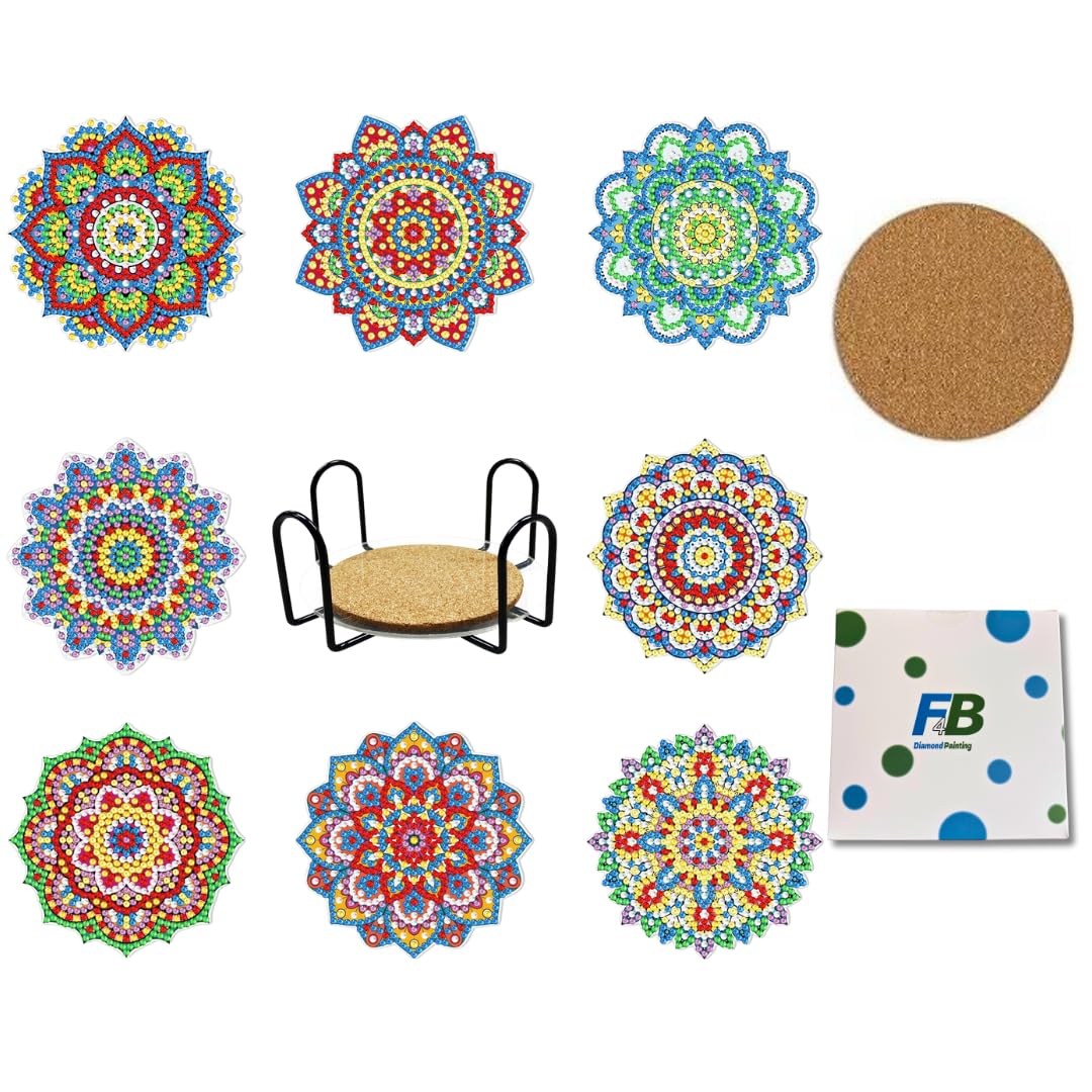 Dessous de Verre Mandala Diamond Painting F4B - Lot de 8 Pièces en Strass Ronds avec Support