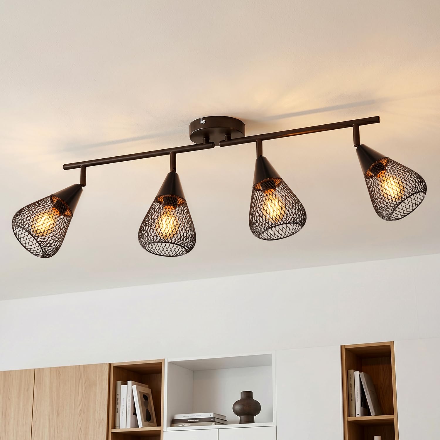 LVWIT Lampara Techo Con 4 Focos,Foco de Techo Negro de,Ajustable E14 Estilo Industrial con Pantalla de Jaula de Alambre,Lámpara de Techo para Salón, Dormitorio, Pasillo, Comedor (Sin Bombilla)