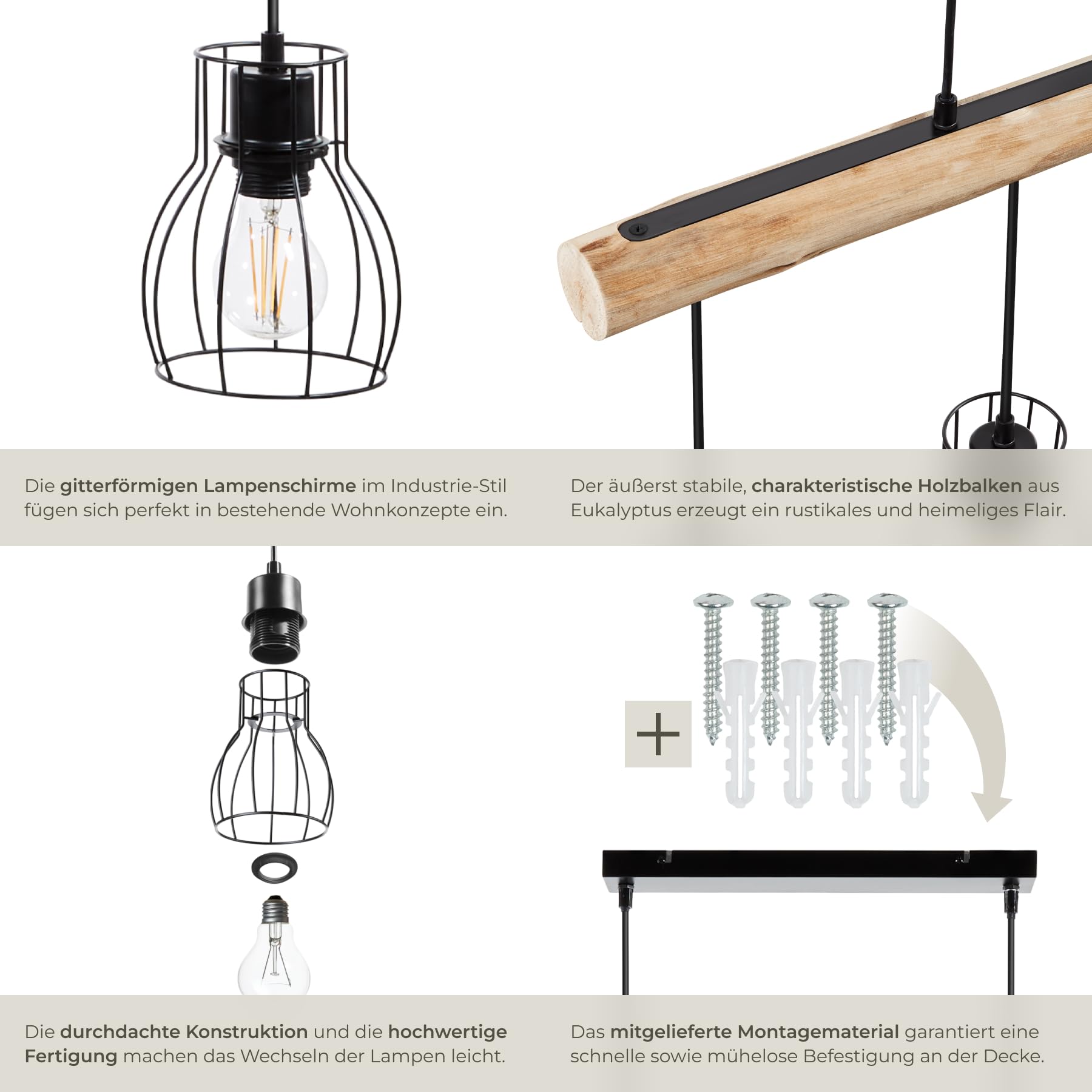 tectake® Pendelleuchte, Lampe hängend 4-flammig, Deckenlampe schwarz mit Holzbalken, Industrial Style Wohnzimmer, Esszimmer Lampe, Wohnzimmerlampe, Flurlampe, Hängelampe Esstisch