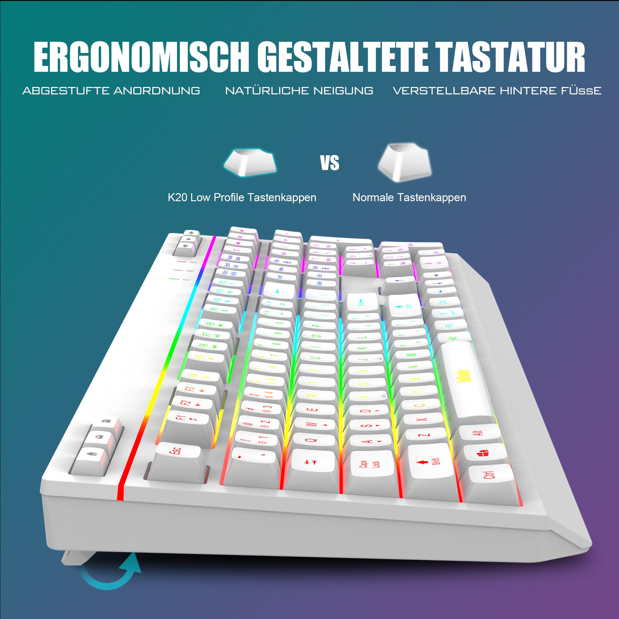 RedThunder K20 Kabelloses Gaming Tastatur und Maus Set, QWERTZ DE Layout, RGB Hintergrundbeleuchtung + Multimedia Funktionstasten, 4800DPI Kabelloses Maus für PC Mac Laptop(Weiß)