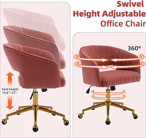 Miniatura 4 de Westice Sillas de escritorio de oficina en casa, moderna silla de escritorio de terciopelo, silla giratoria de altura ajustable con base dorada,