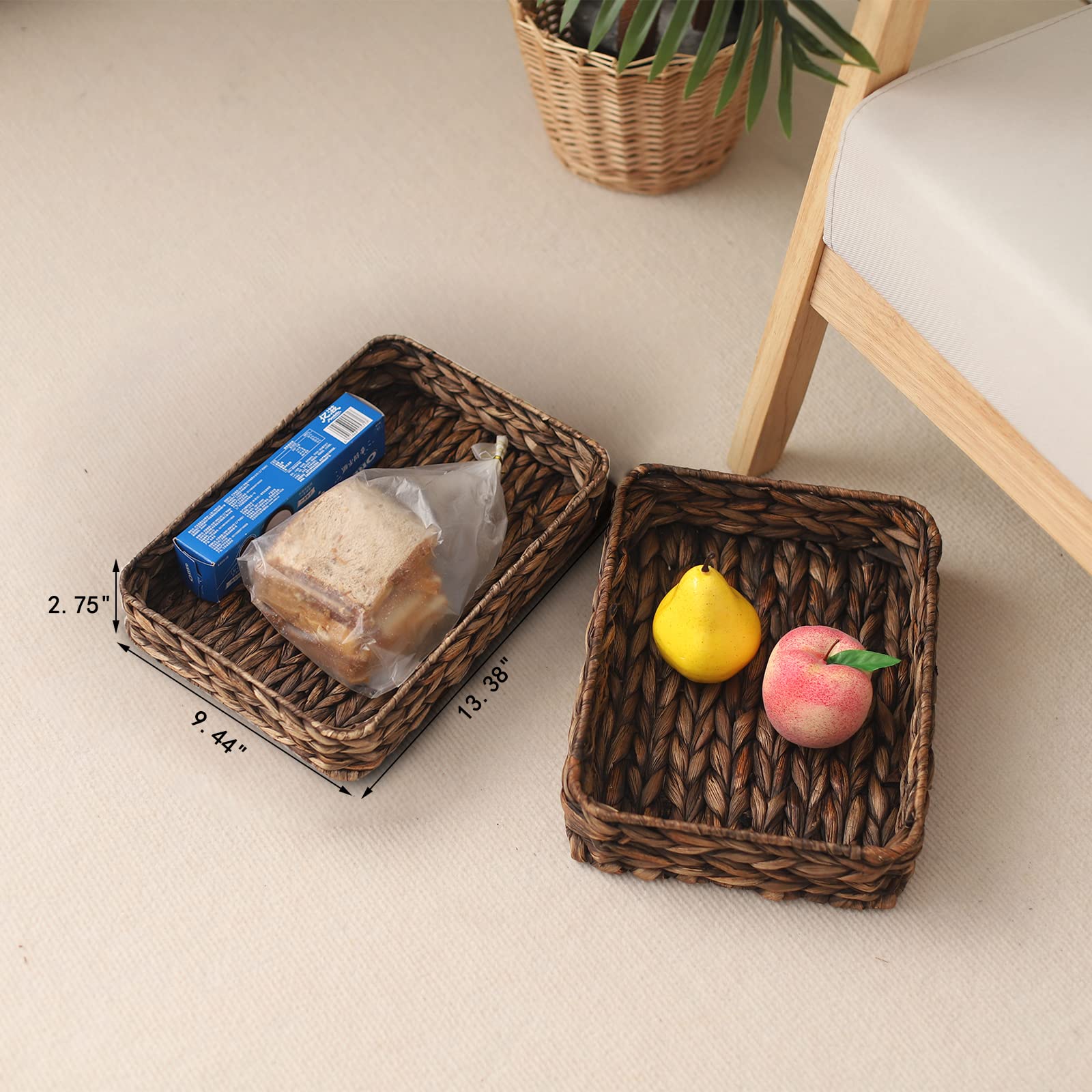 Bandeja rectangular tejida de jacinto de agua, de mimbre tejida a mano, bandejas de almacenamiento para café, desayuno, postre, fruta, pan (marrón-pequeño)