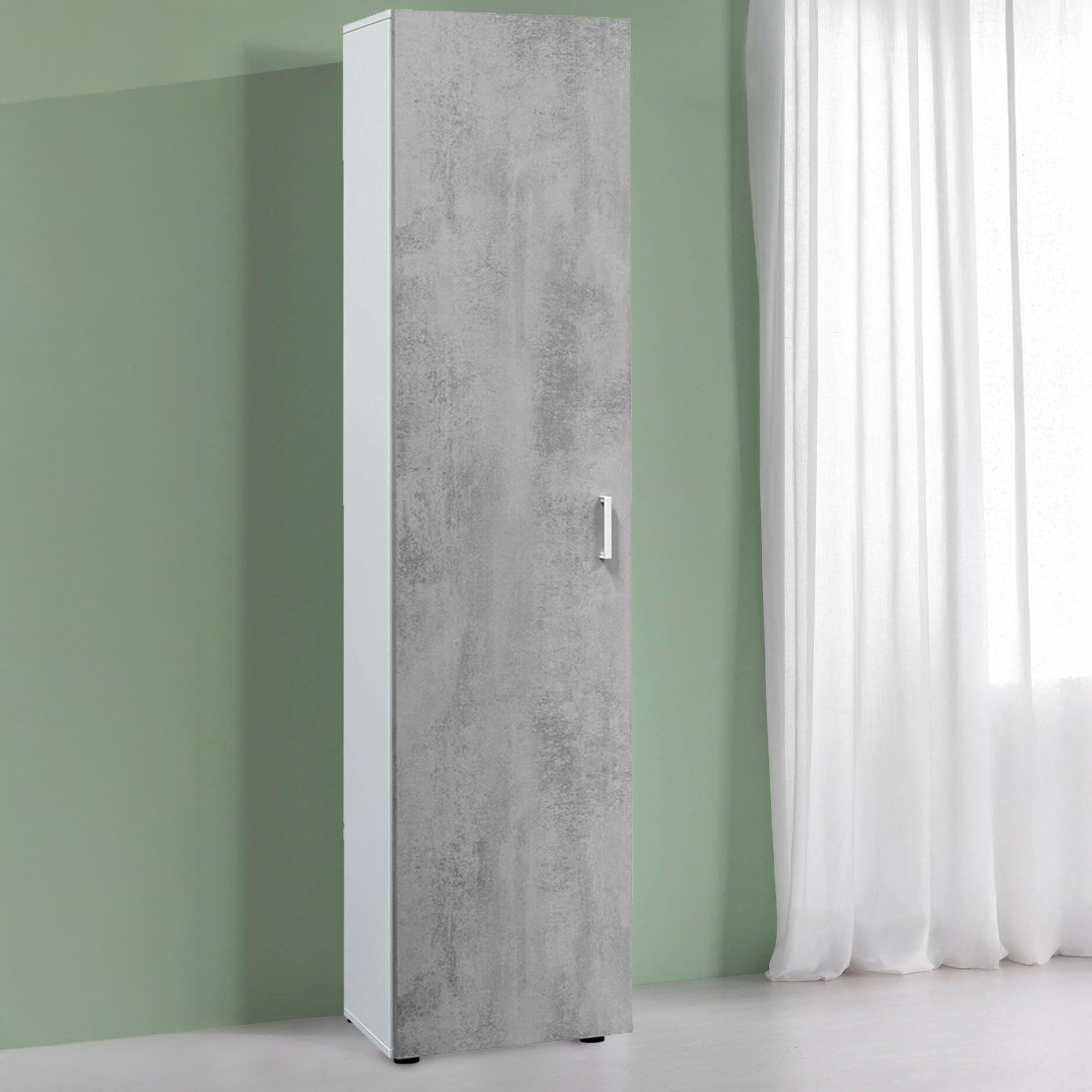 Dmora Armadio multiuso a 1 anta battente e 3 ripiani regolabili, Guardaroba moderno, Mobile alto a colonna, Cm 41x37h182, colore Cemento e Bianco