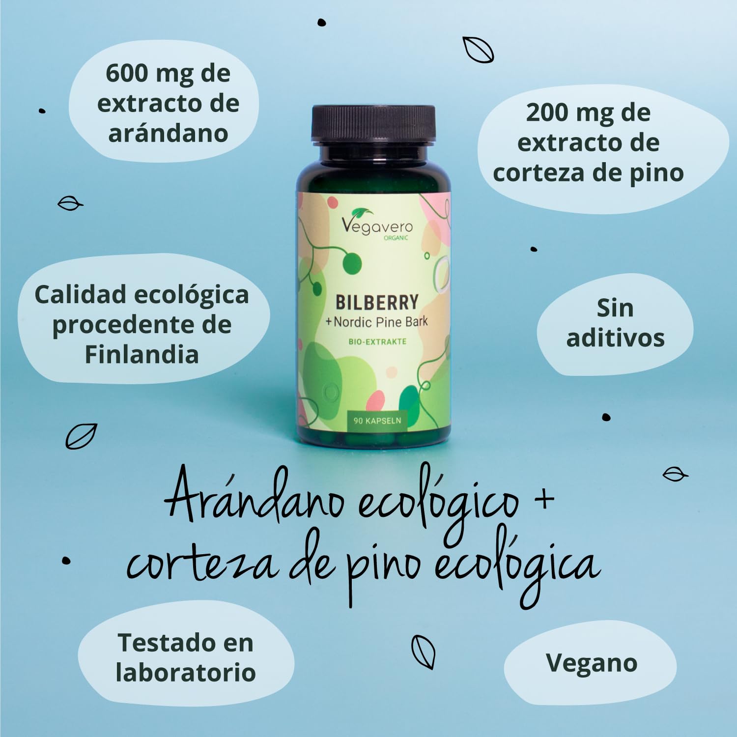 Extracto Arándanos BIO Vegavero | Bilberry 600 mg | Con Corteza de Pino & Astaxantina | Vaccinium Myrtillus | Sin Aditivos | Ojos y Vista Cansada + Antioxidante Natural | 90 Cápsulas