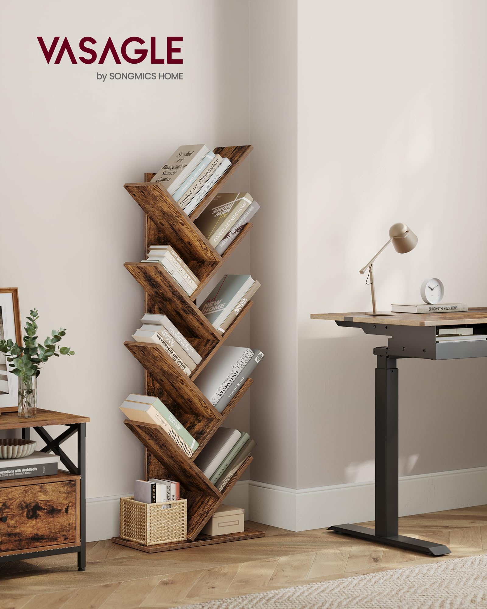 VASAGLE Librería en Forma de Árbol, Biblioteca de 9 Niveles, Ahorro de Espacio, Estantería Vertical, para Dormitorio, Sala de Estar, Estudio, Oficina, Marrón Rústico LBC11BX