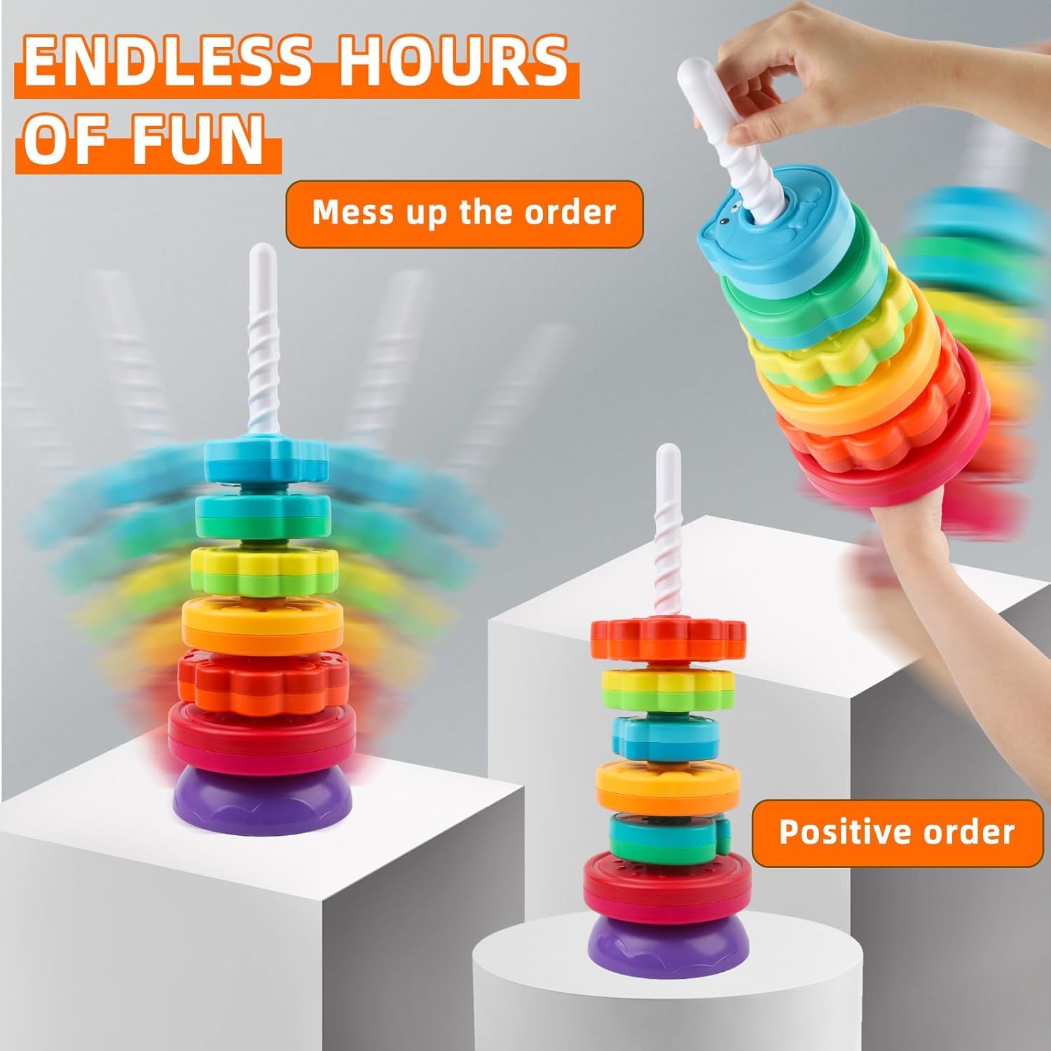 Cable World Baby Spinning Stacking Toys for Toddlers 1-3, Rainbow Ring Stacker Montessori Toys for Babies, 1 2 3 One Year Old Girl Boy Christmas Birthday Gifts, Autism Sensory Learning Toy 3