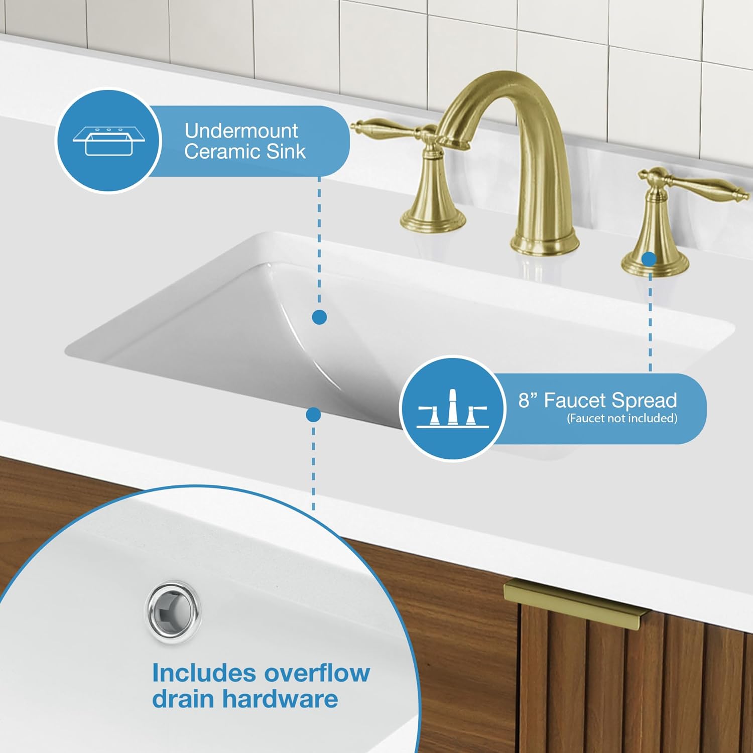 OVE Decors Indy 48 in. Undermount Single Sink Bathroom Vanity with White Engineered Marble Top, Warm Walnut