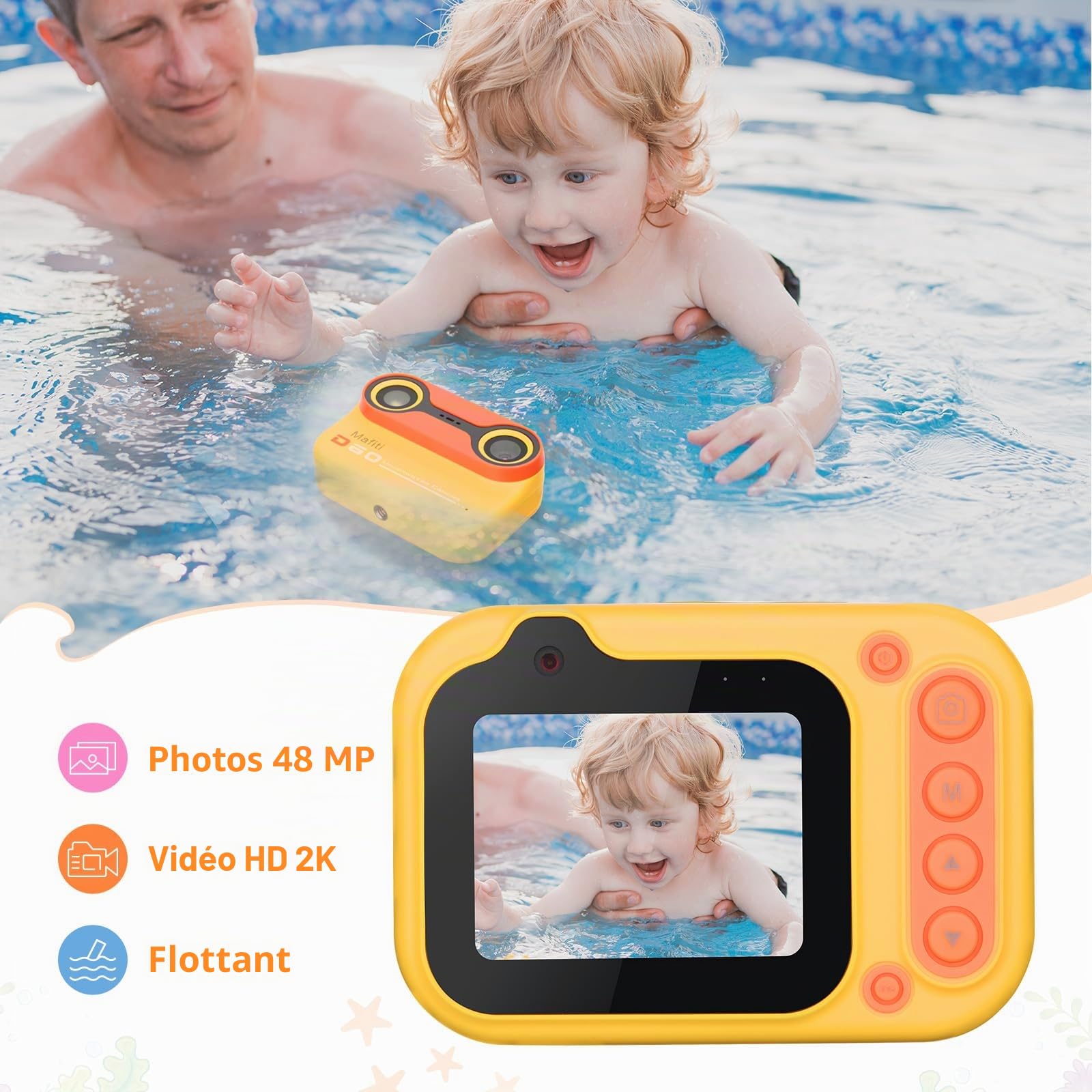 Mafiti Appareil photo numérique étanche pour enfants pour la plongée avec tuba et la plongée avec écran IPS de 6,1 cm, rechargeable par USB, appareil photo numérique pour vidéos et photos avec carte