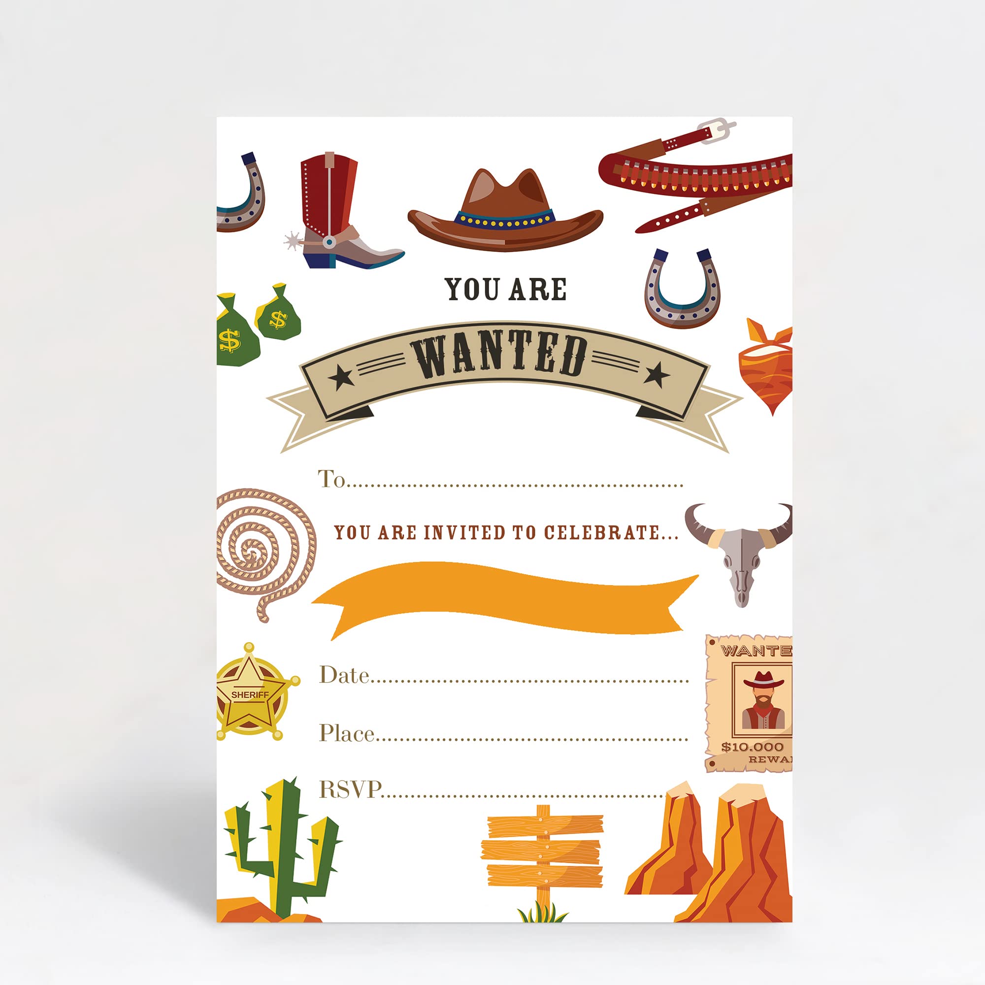 Hip Hip Hooray Cowboy/Cowgirl Themed Birthday Party Invitations Invites Pack of 10 with Envelopes,Brown & white