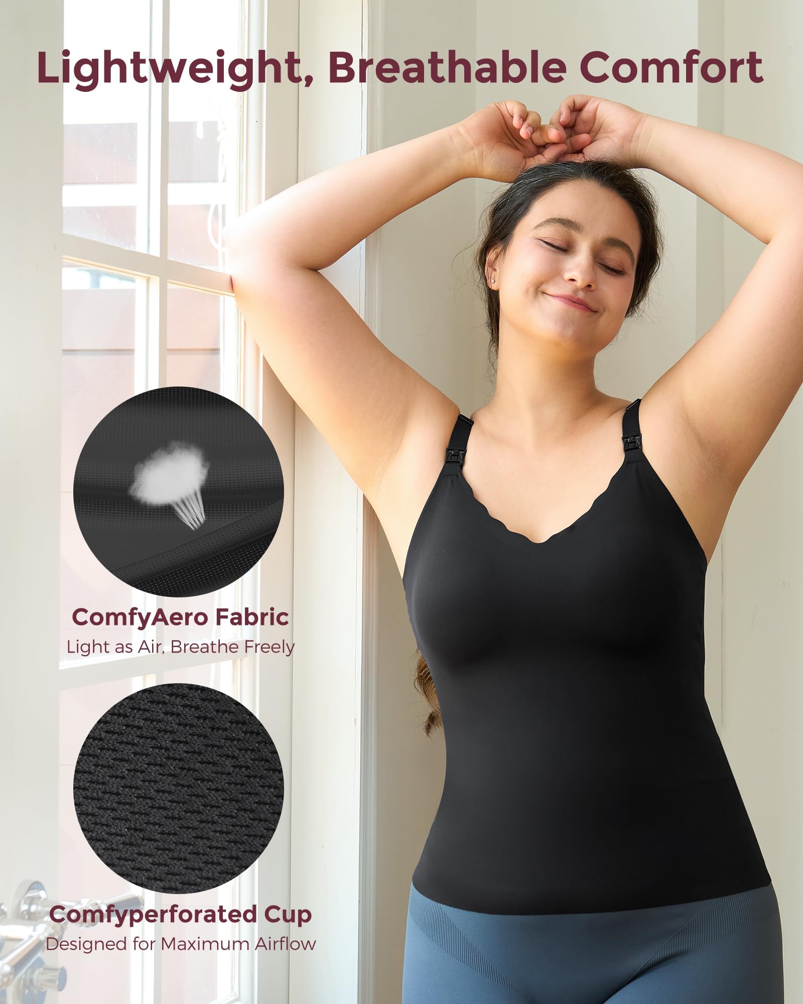 momcozy Canotta Allattamento Donna Senza Cuciture con Reggiseno Integrato, Spalline Regolabili, Design a Bordo Ondulato,Top Allattamento Donna per Allattamento al Seno