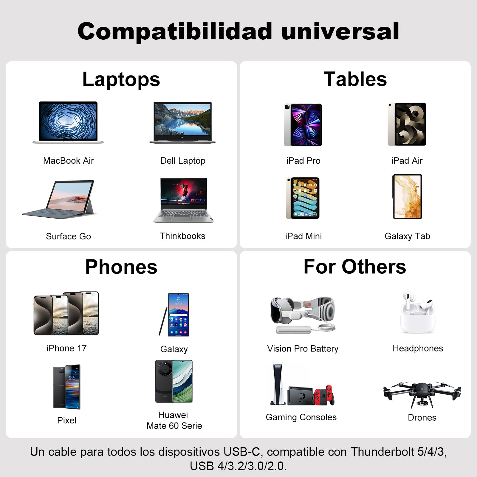 Cable USB C 1m (Cabo USB C 3.2 Gen 2×2, vídeo 8K@30Hz, 4K@144Hz/60Hz, carga rapida 240W/100W) Cable de datos USB tipo C de 20Gbps para Thunderbolt 4/3, MacBook, iPhone 17, SSD, Docking station — view 7