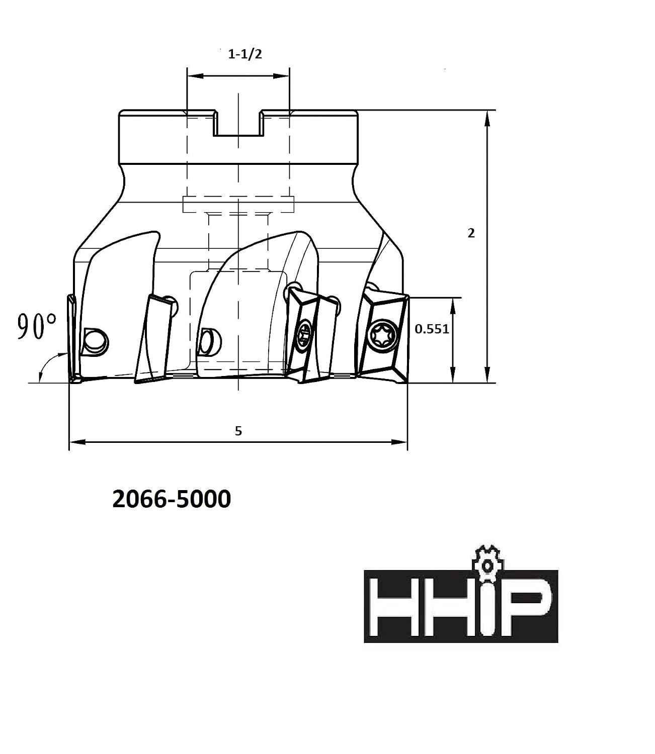 HHIP 2066-5000 5" x 1-1/2" Bore 90 Degree APKT-160408 Index able Face Mill, 8 Teeth