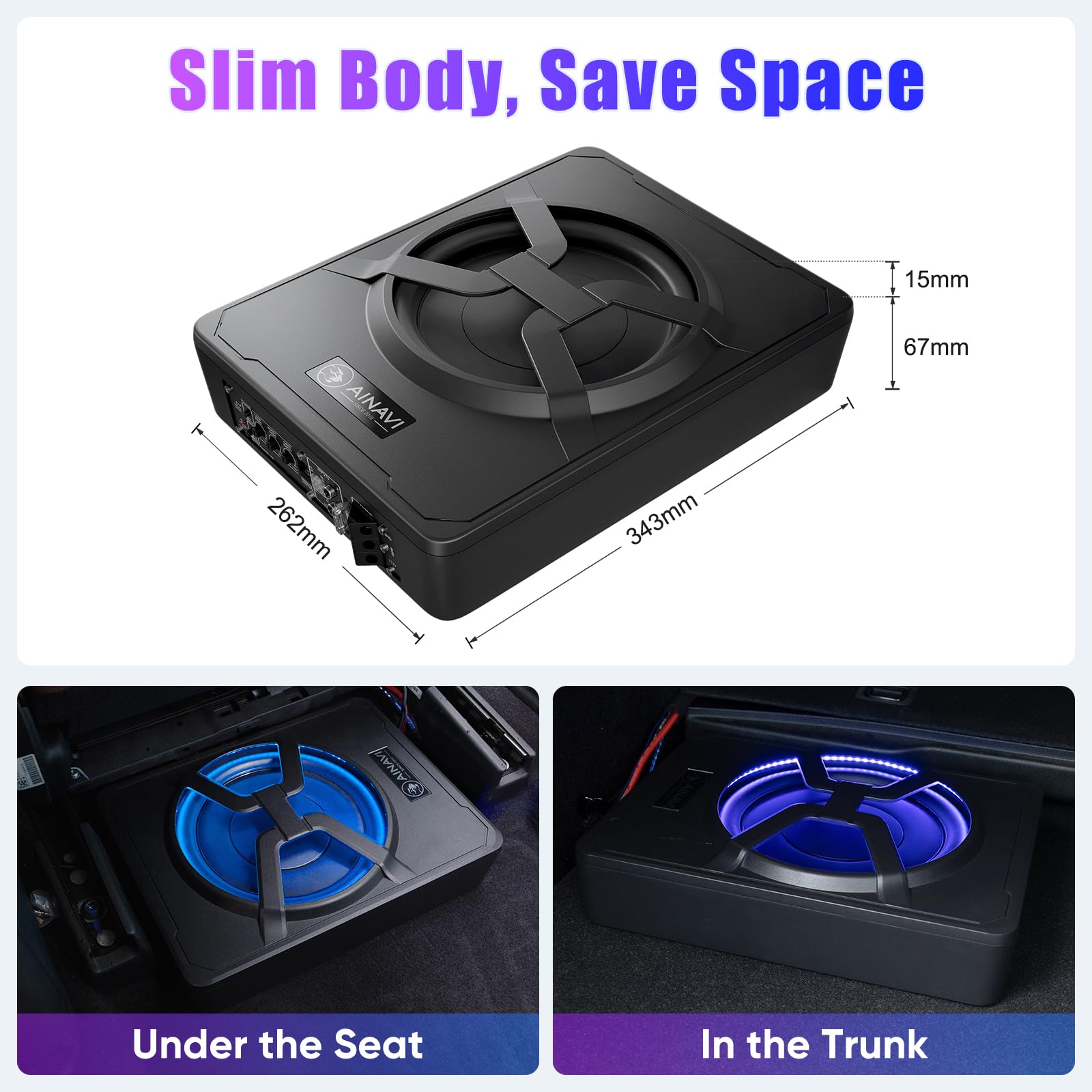 AINAVI 10-Inch Active Slim Under Seat Car Subwoofer – 800W Max, Built-in Amp, LED Lights, Remote Control, Complete Wiring Kit - View #13