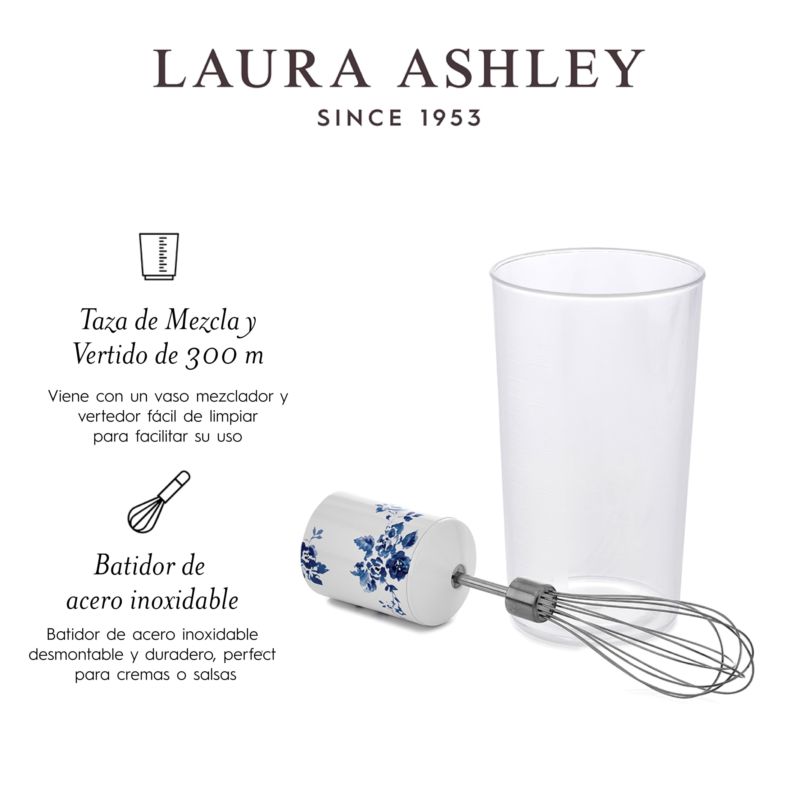 Laura Ashley China Rose 600 W Licuadora 4 en 1 por VQ | Batidora de Varilla con Cuchillas de Acero Inoxidable Duraderas Batidor Bol Para Picar Vaso Mezclador y Vertedor
