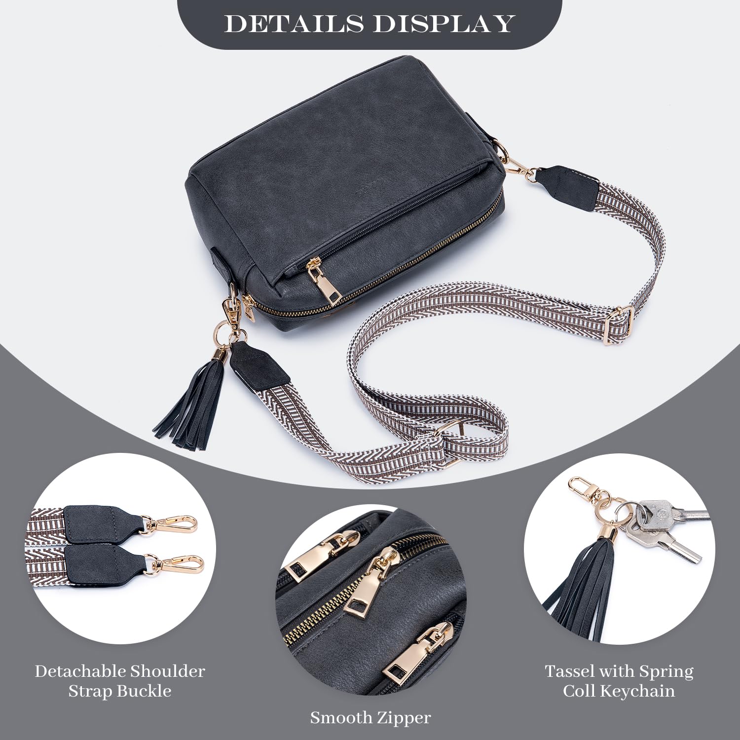 Roulens Piccola Borsa a Tracolla Donna con 3 Scomparti Capienti,Borsa Mano PU Pelle Messenger Crossbody Bag,Borsa a Spalla con Tracolla Ampia Regolabile e Rimovibile