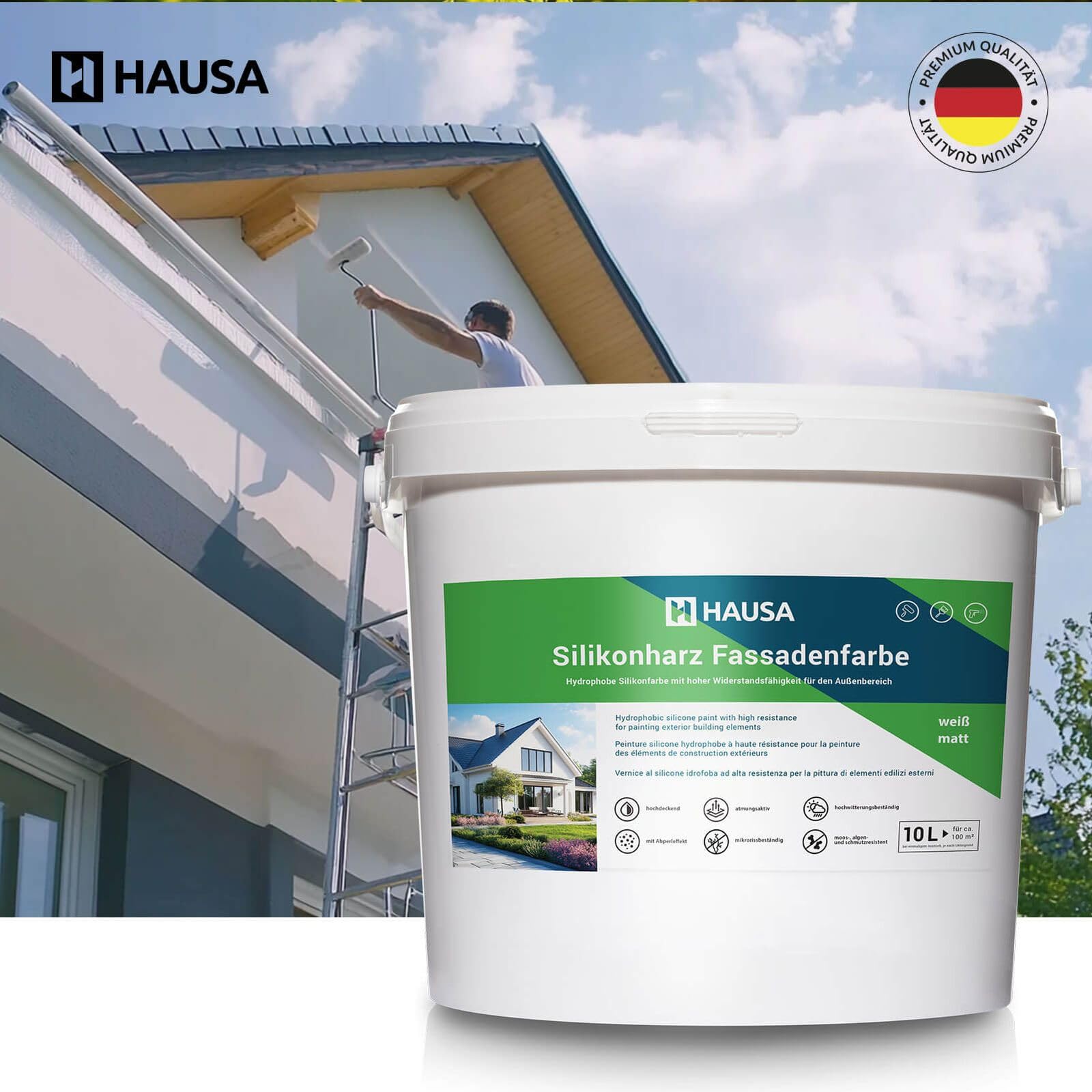 Hausa Silikonharz Fassadenfarbe 10L weiß matt, hochdeckende hydrophobe Außenfarbe mit Abperleffekt für alle Außenputze, Beton, Zement, Mauerwerk, Ziegel, witterungsbeständig atmungsaktiv