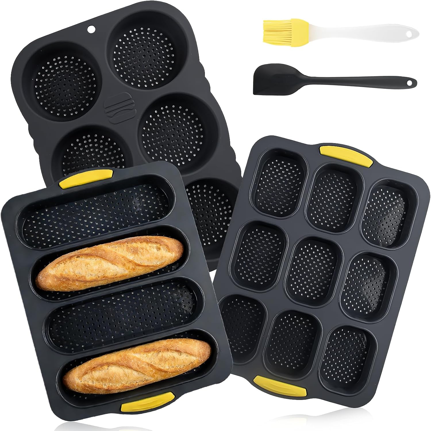 5 Pcs Silicone Baguette Pan and Hamburger Bun Pan Set, Non-stick French Bread Baking Mold, 4 Wave French Bread Baking Tray, 6 Cup Hamburgers Bun Mold, 9 Cavity Hamburger Bun Pans with Spatula Brush