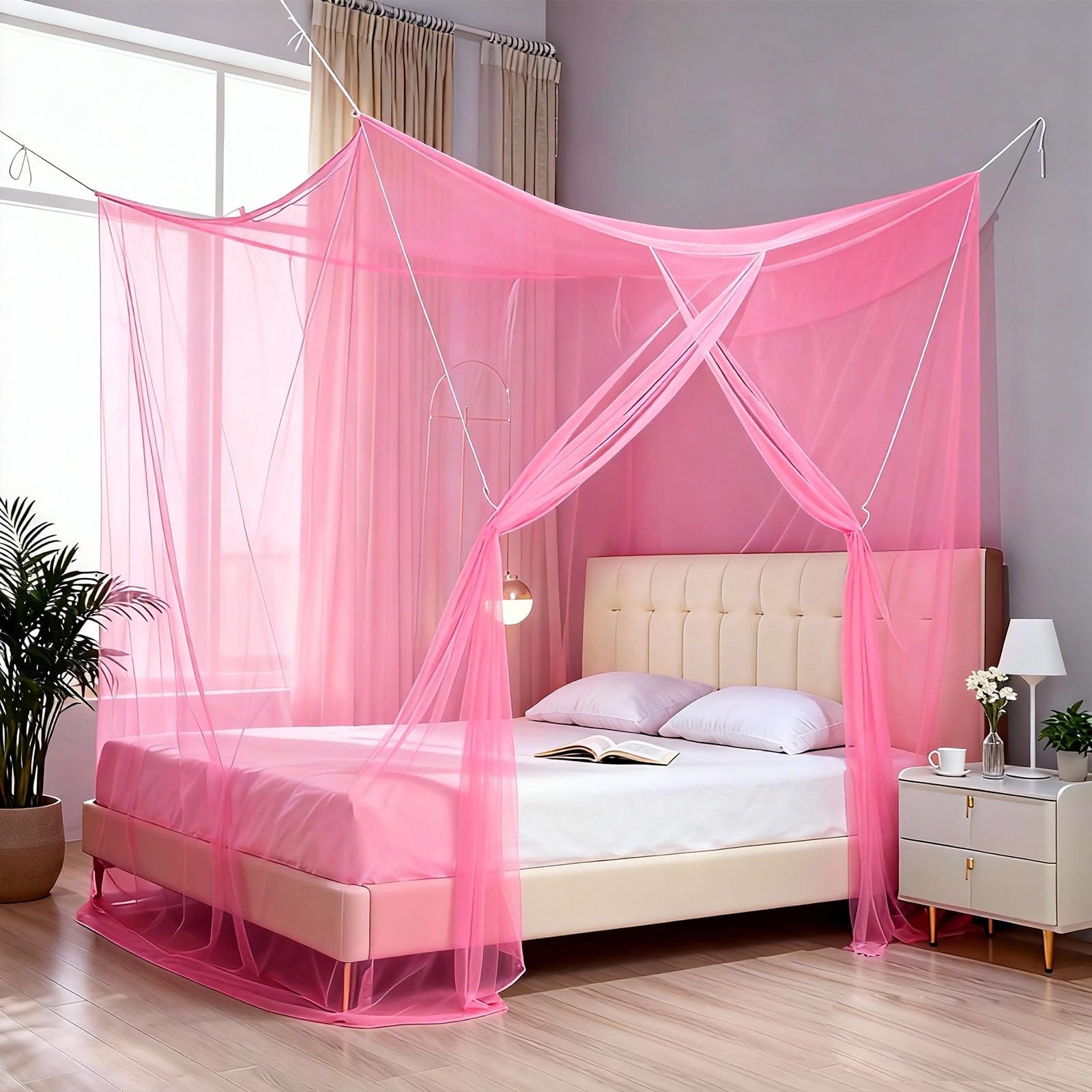 4 Corner Mosquito Net for Bed, Twin Size Canopy Netting Drapes