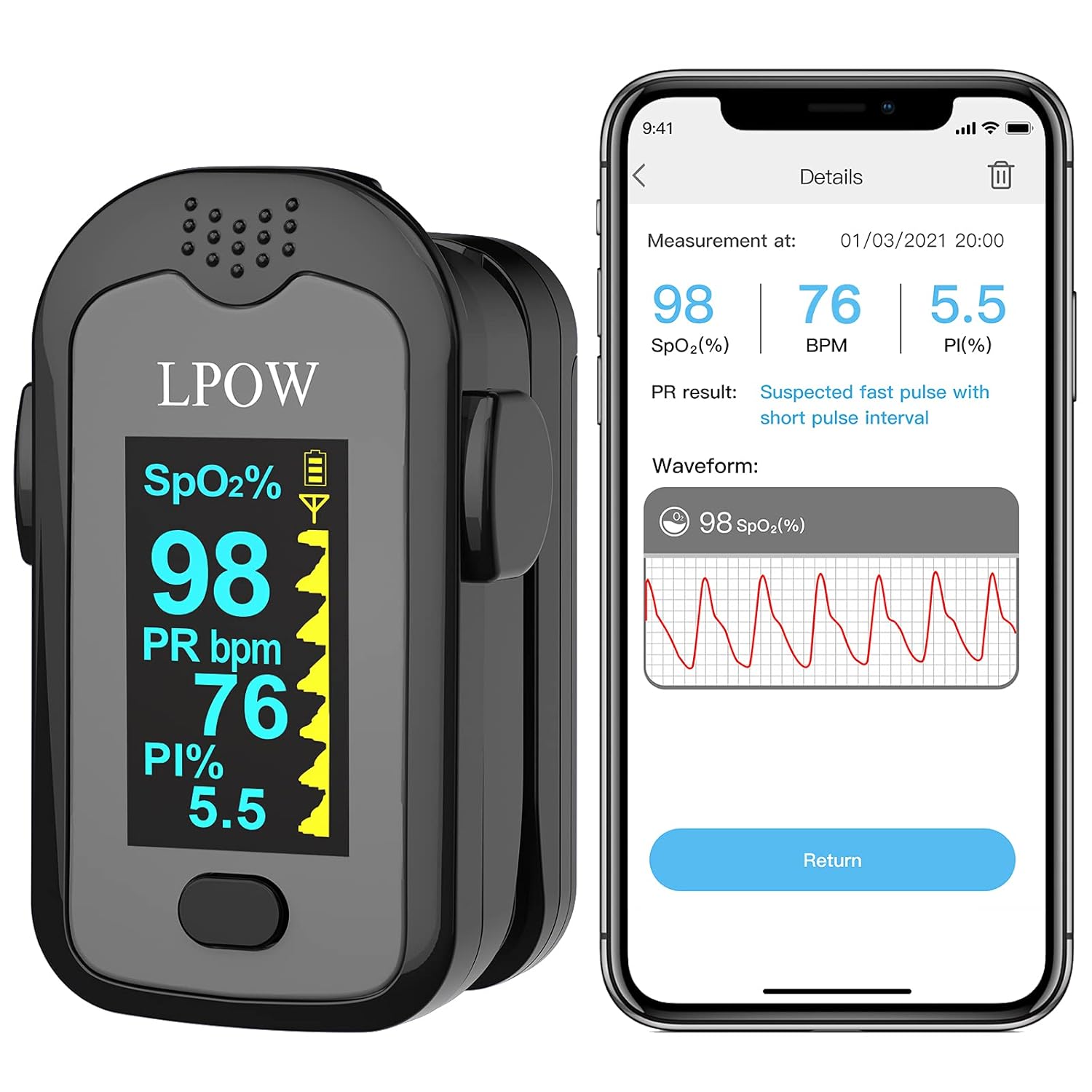 LPOW Bluetooth Pulse Oximeter Fingertip, OLED Display
