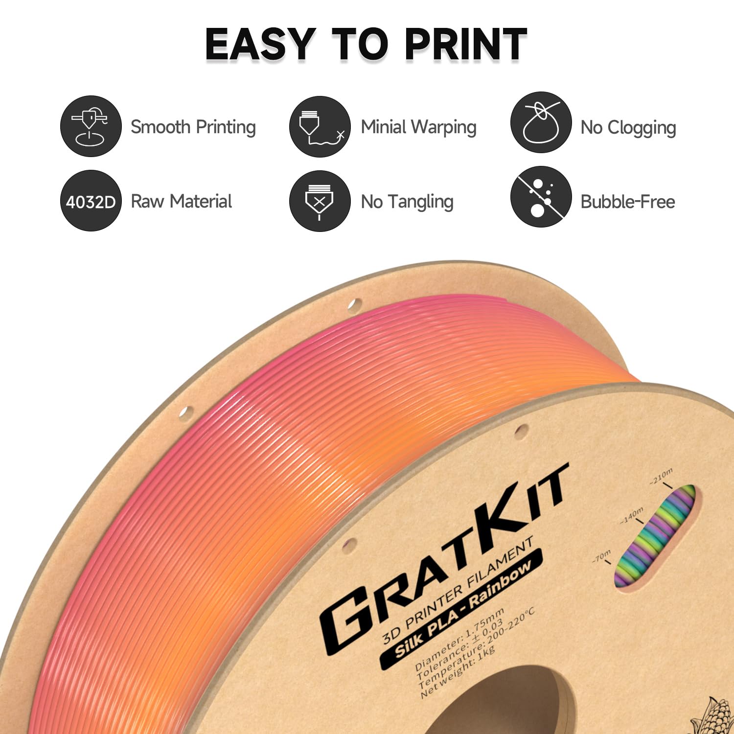 Gratkit Seda Filamento de Impresora 3D, PLA Silk Rainbow Caramelos, 1kg