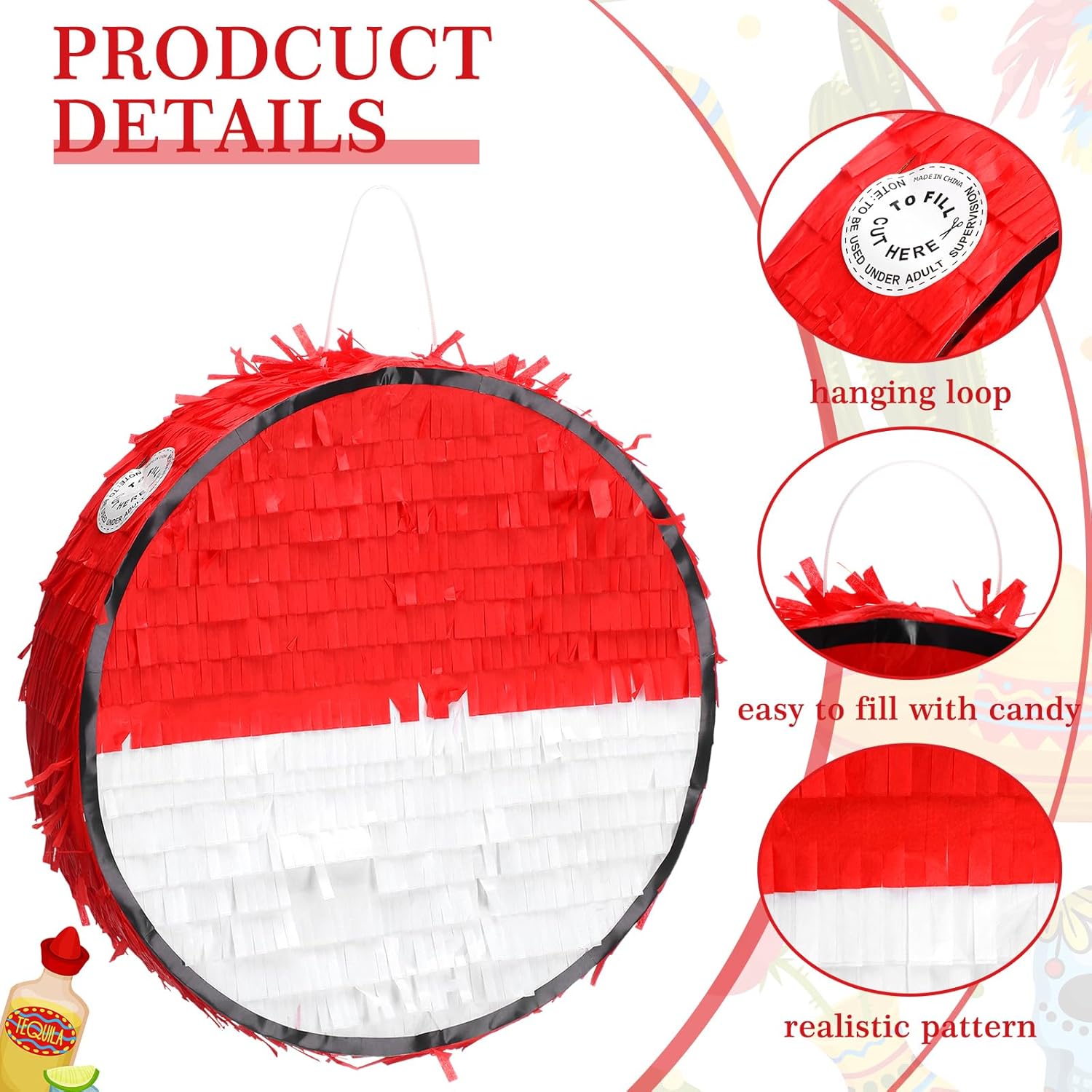 Cartoon Animation Piñata Red and White Ball Cartoon Birthday Party Favors Anime Themed Fiesta Decorations Piñata with Batting Stick Eye Mask and Confetti for Video Nights Sports Team